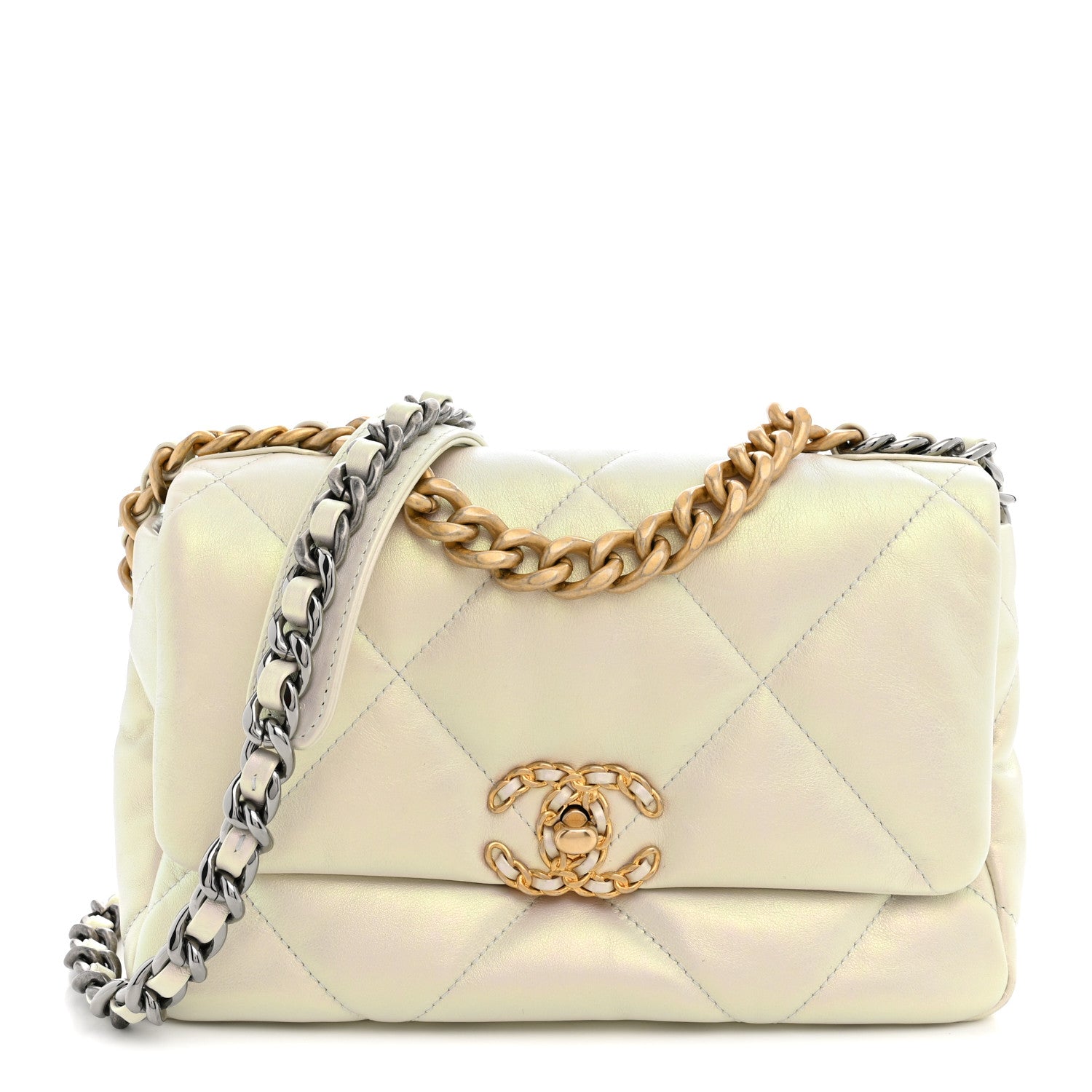 Iridescent Calfskin Quilted Medium Chanel 19 Flap White — view 1