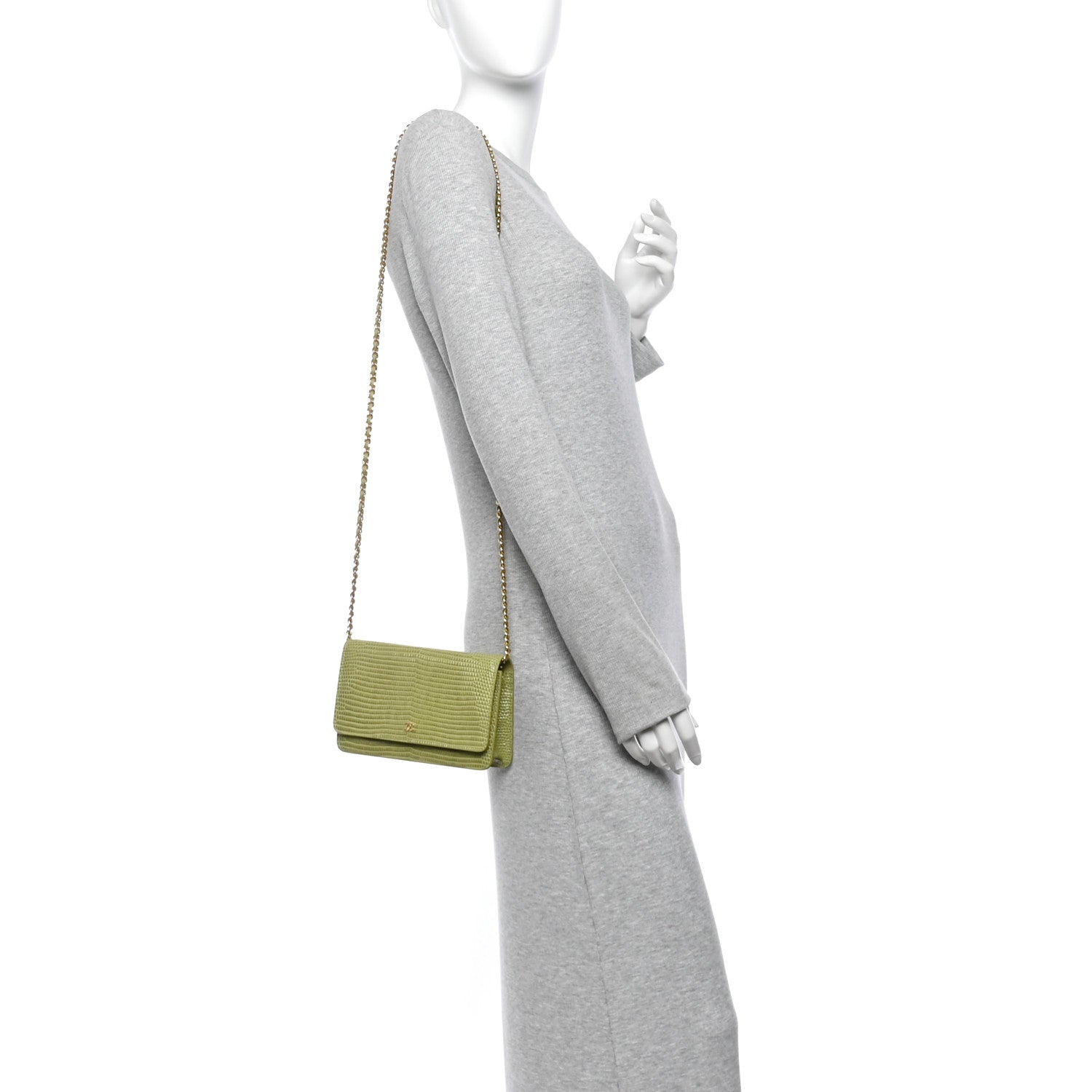 Calfskin Lizard Embossed Wallet On Chain WOC Green — view 2