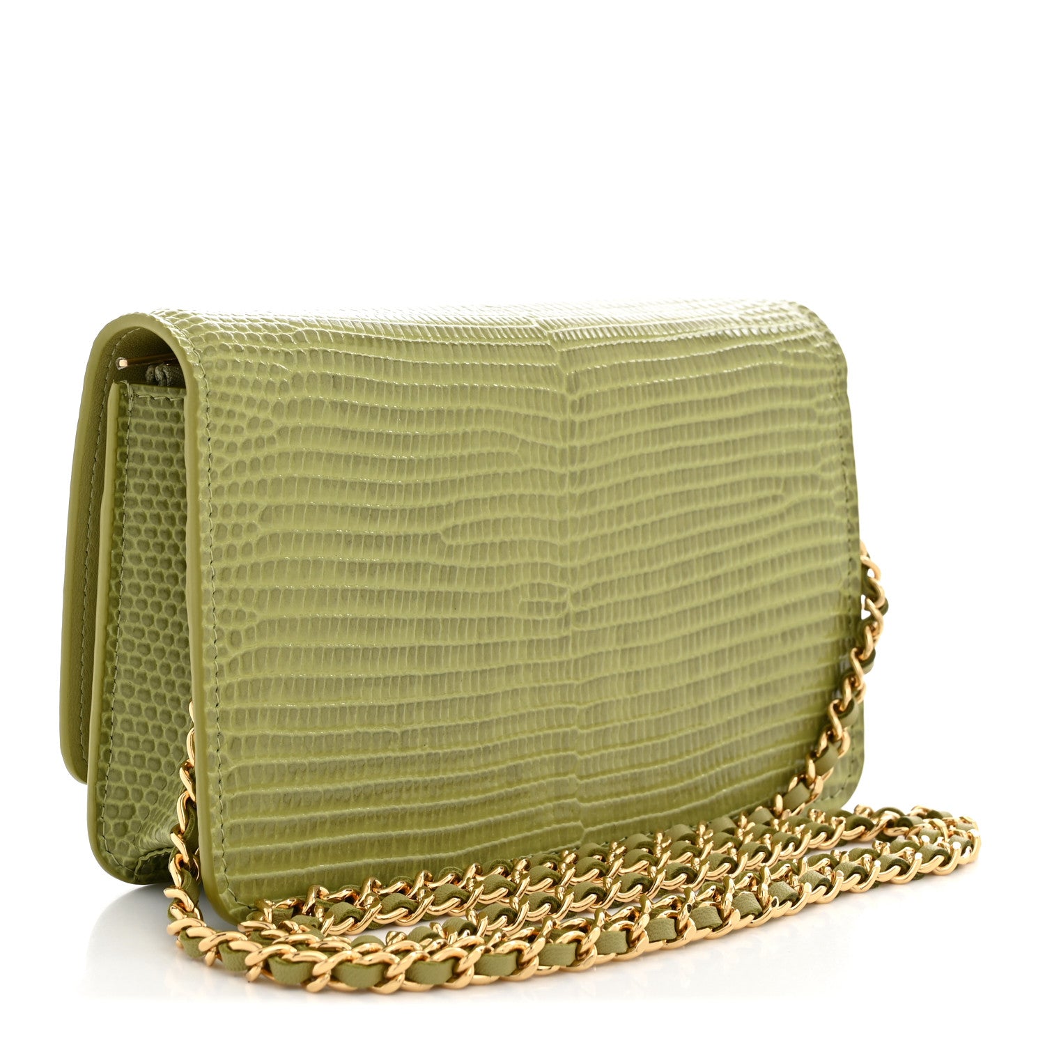 Calfskin Lizard Embossed Wallet On Chain WOC Green — view 3