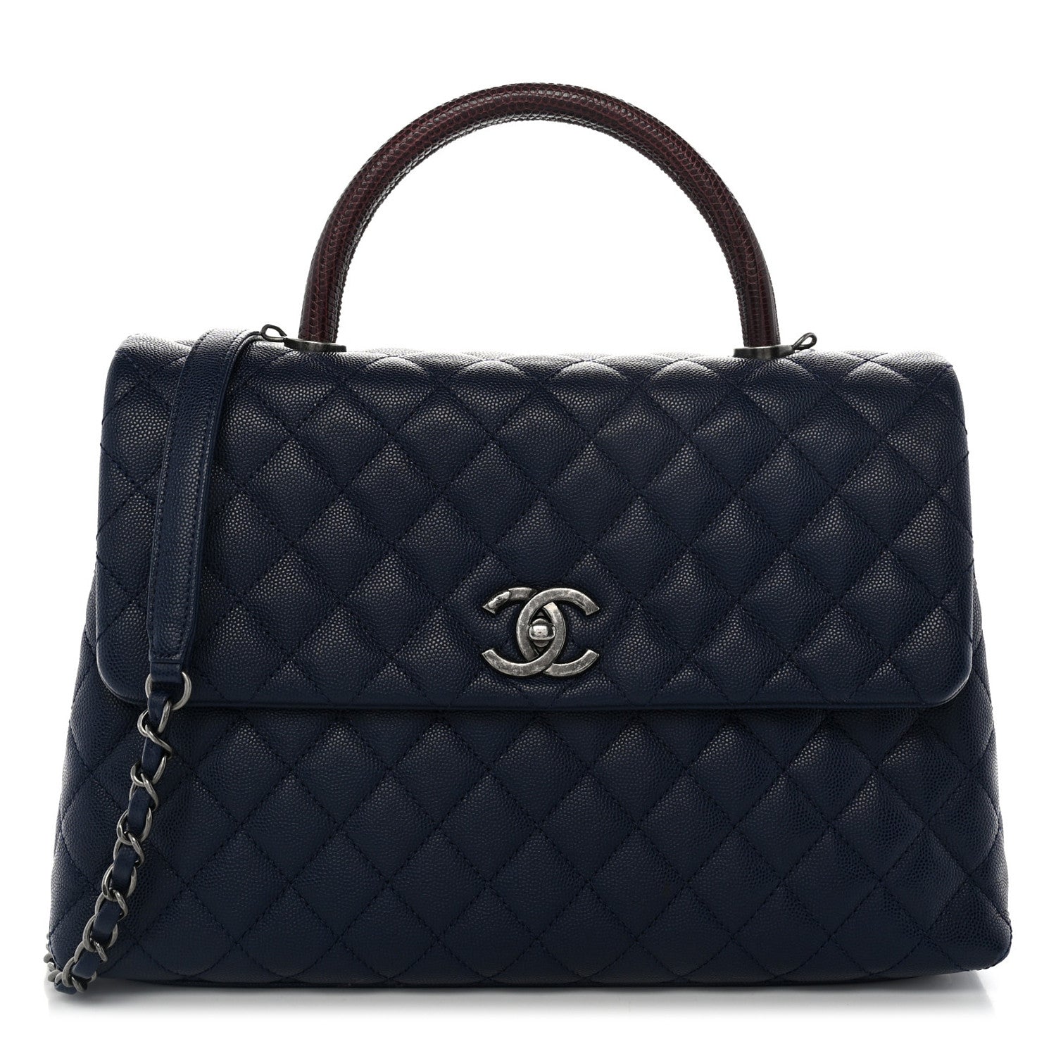 Caviar Lizard Quilted Medium Coco Handle Flap Navy