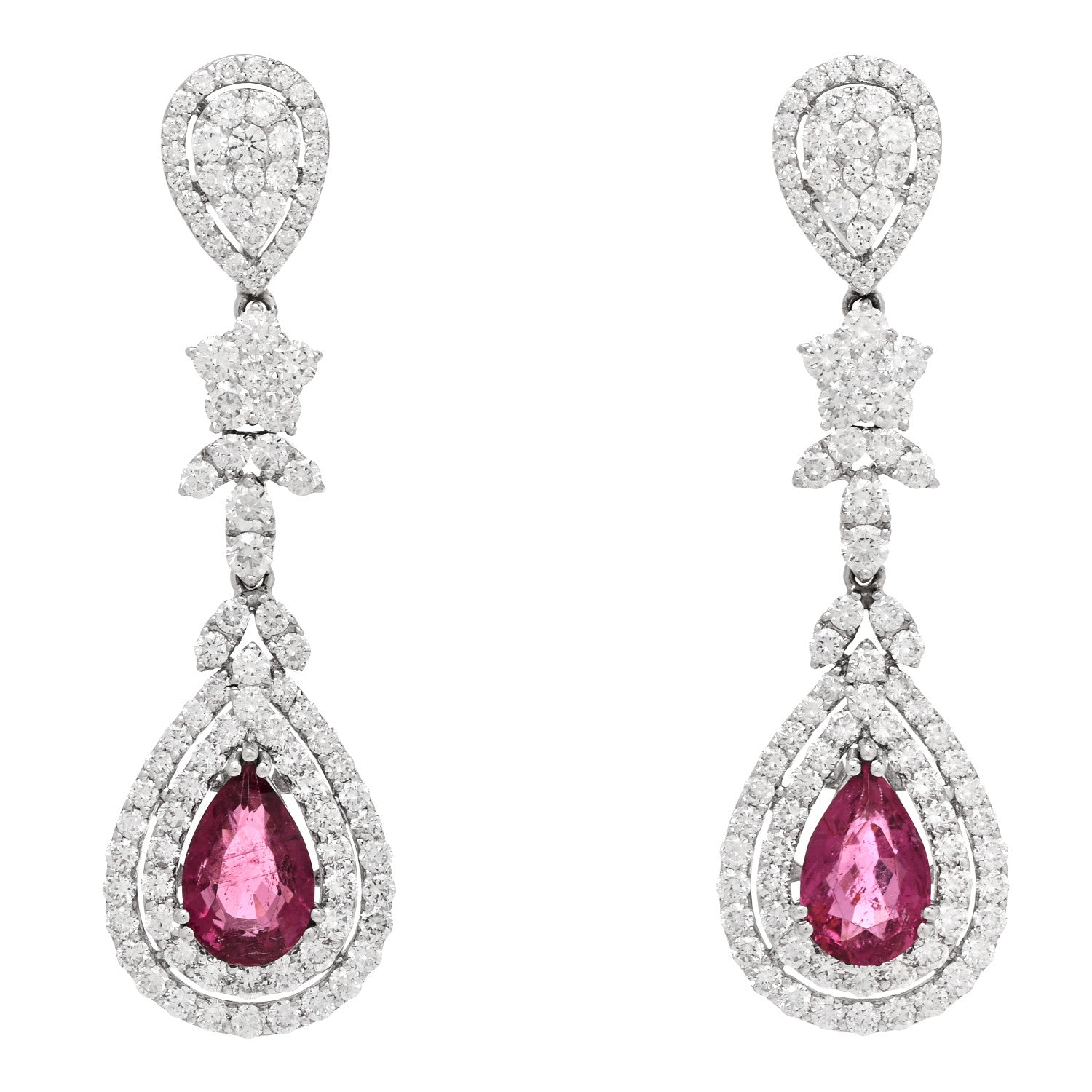 14K White Gold Diamond 4.40ctw Rubellite Pear Cut Drop Earrings