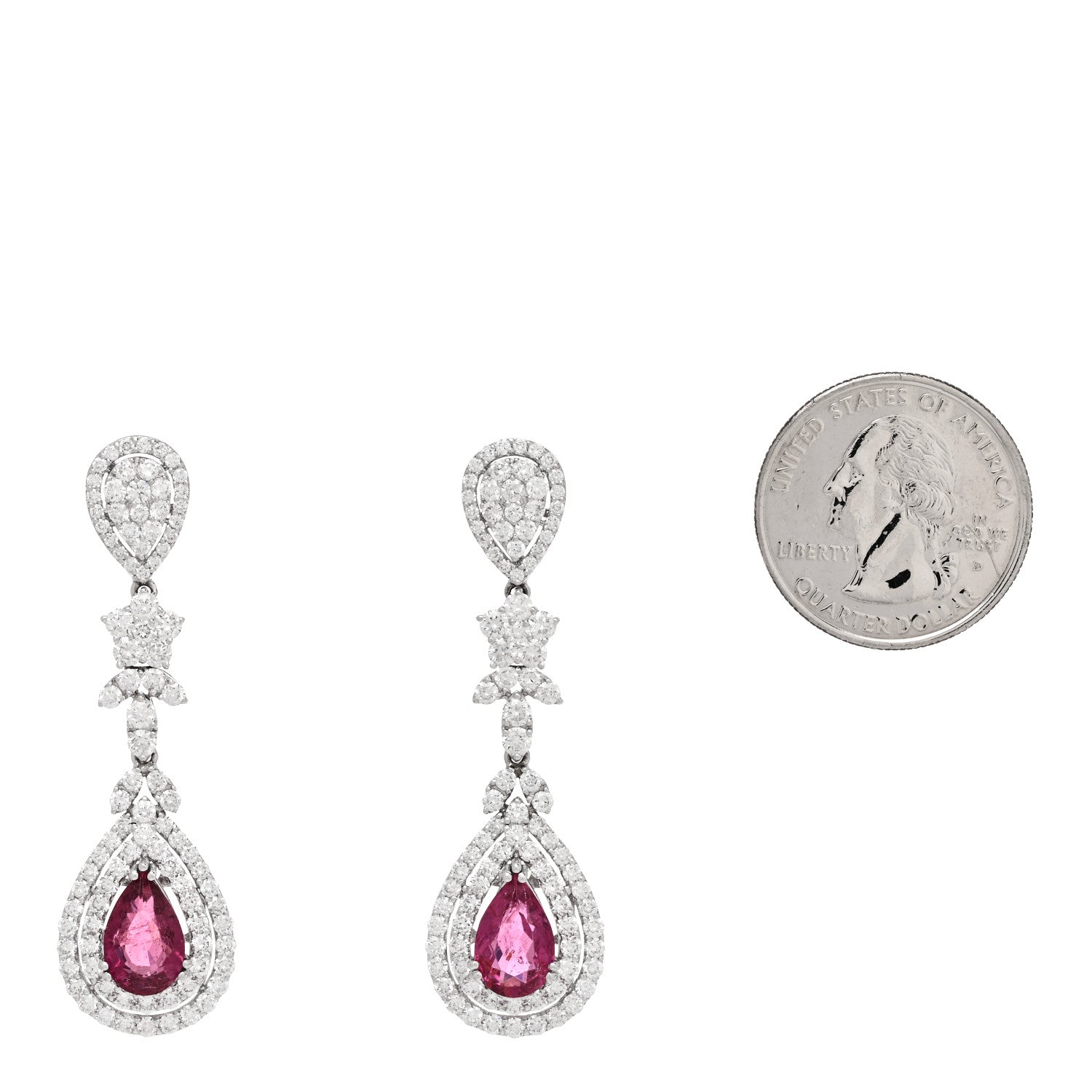 14K White Gold Diamond 4.40ctw Rubellite Pear Cut Drop Earrings — view 2