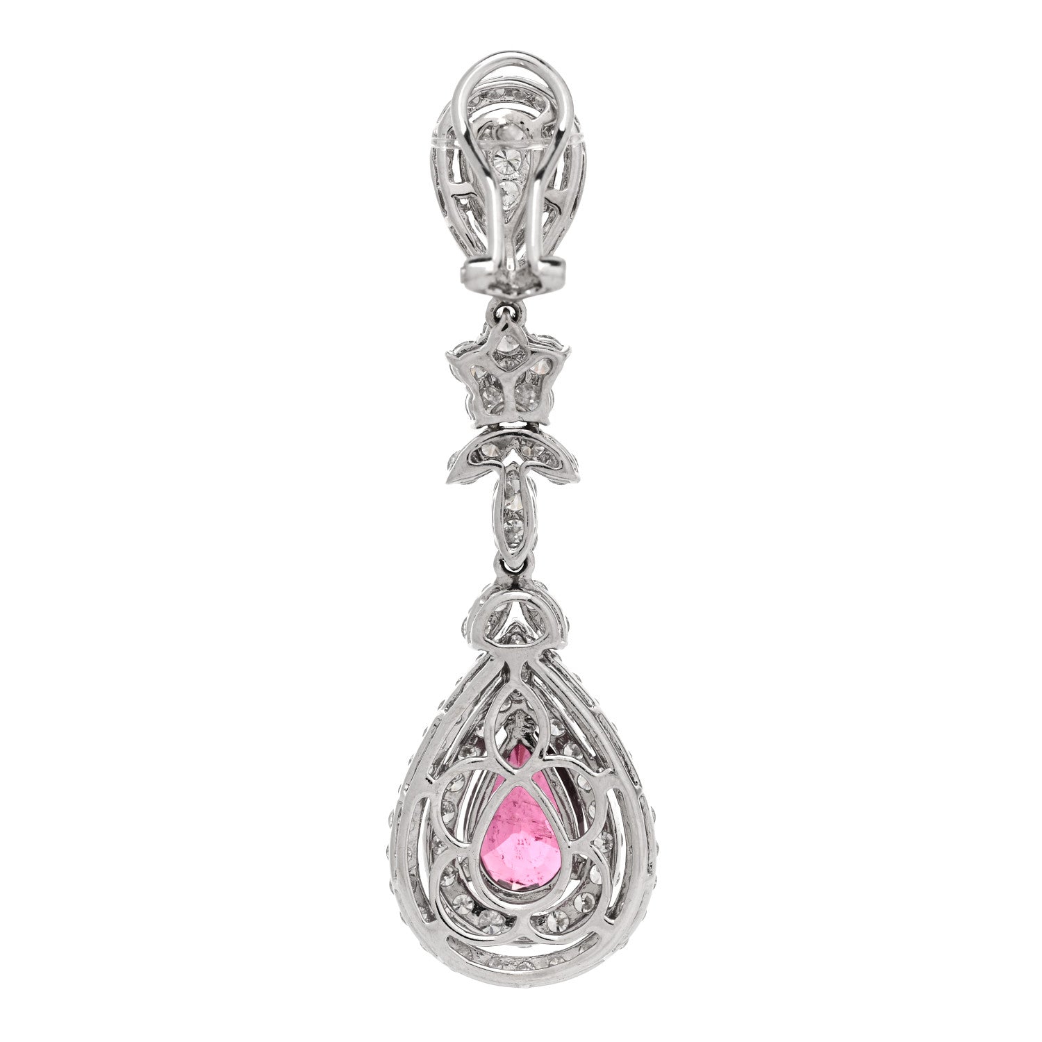 14K White Gold Diamond 4.40ctw Rubellite Pear Cut Drop Earrings — view 3