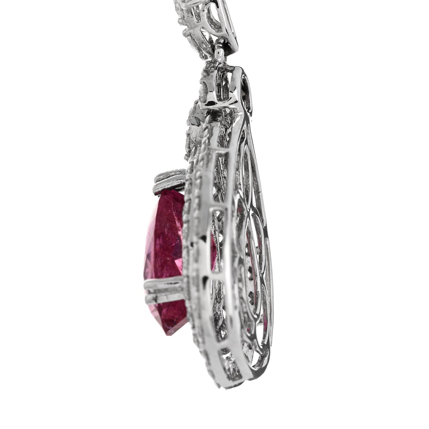 14K White Gold Diamond 4.40ctw Rubellite Pear Cut Drop Earrings — view 4