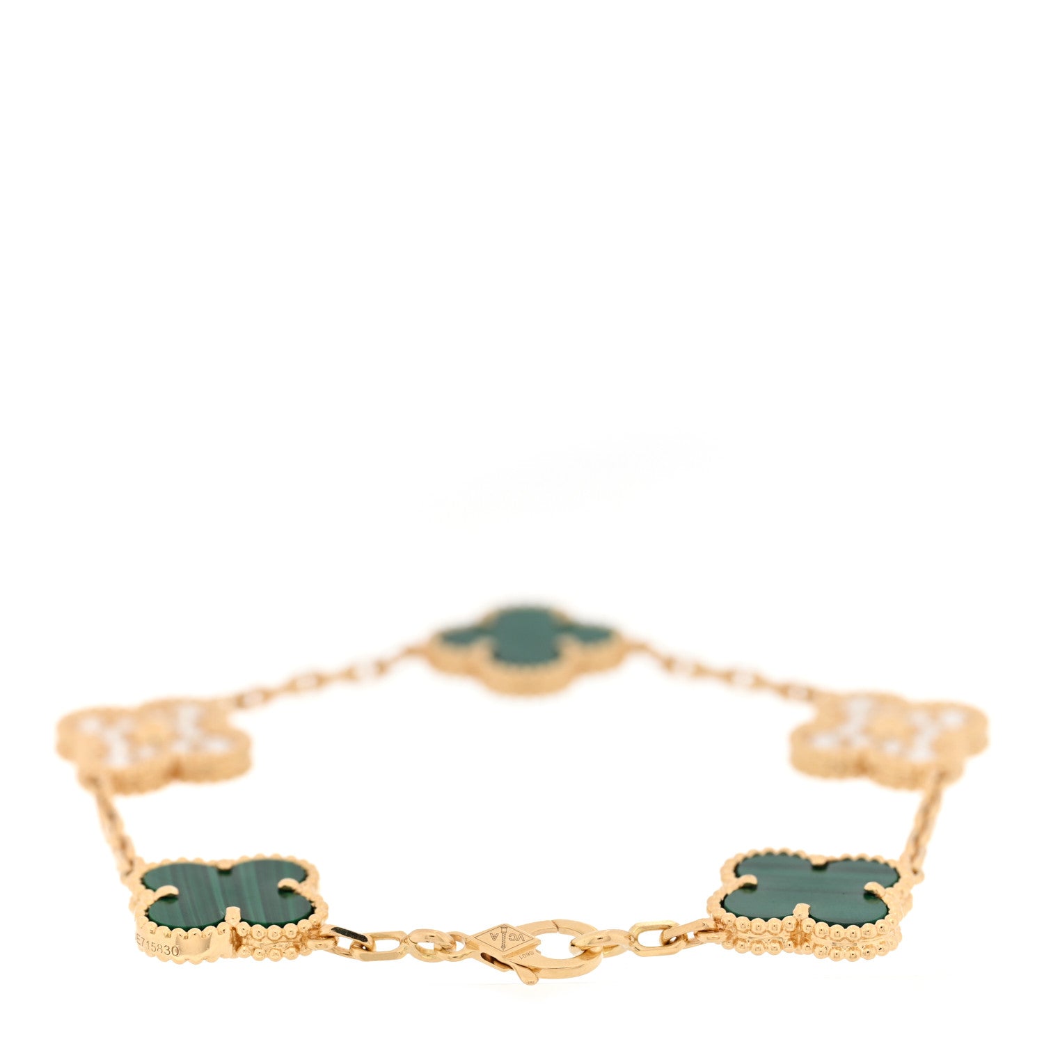 18K Yellow Gold Diamond Malachite 5 Motifs Vintage Alhambra Bracelet — view 2