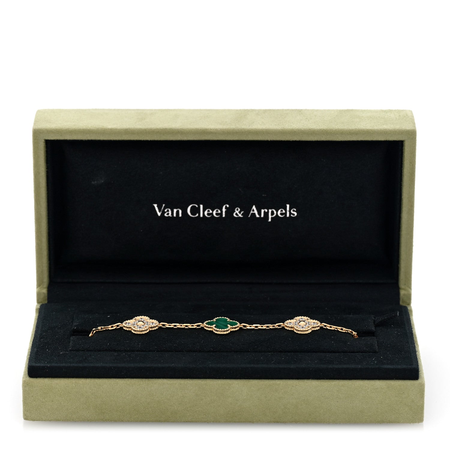 18K Yellow Gold Diamond Malachite 5 Motifs Vintage Alhambra Bracelet — view 4