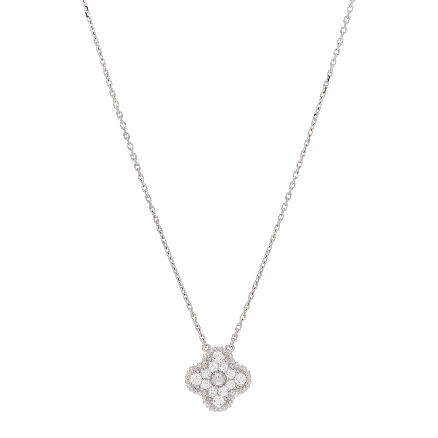18K White Gold Diamond Vintage Alhambra Pendant Necklace