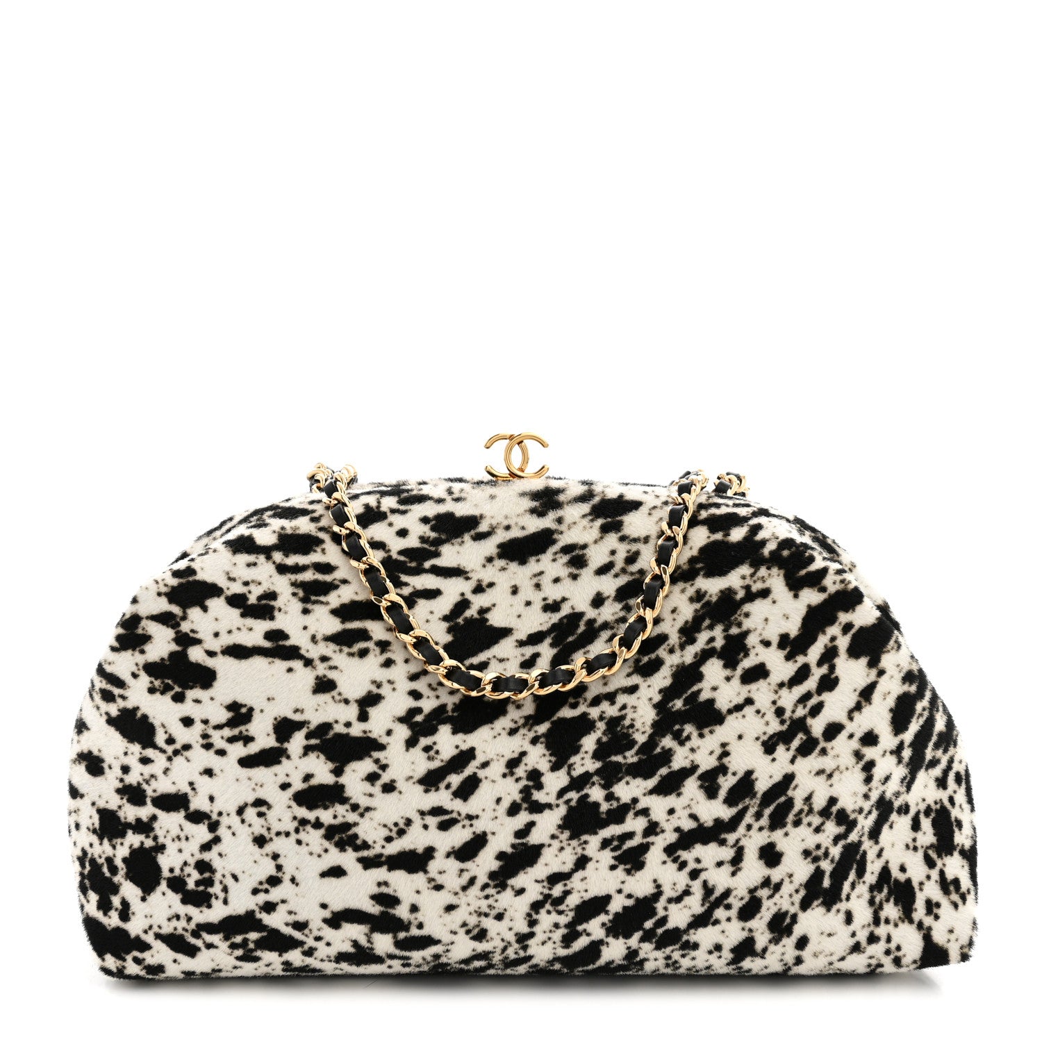 Lambskin Pony Hair Printed Clutch With Chain Black White