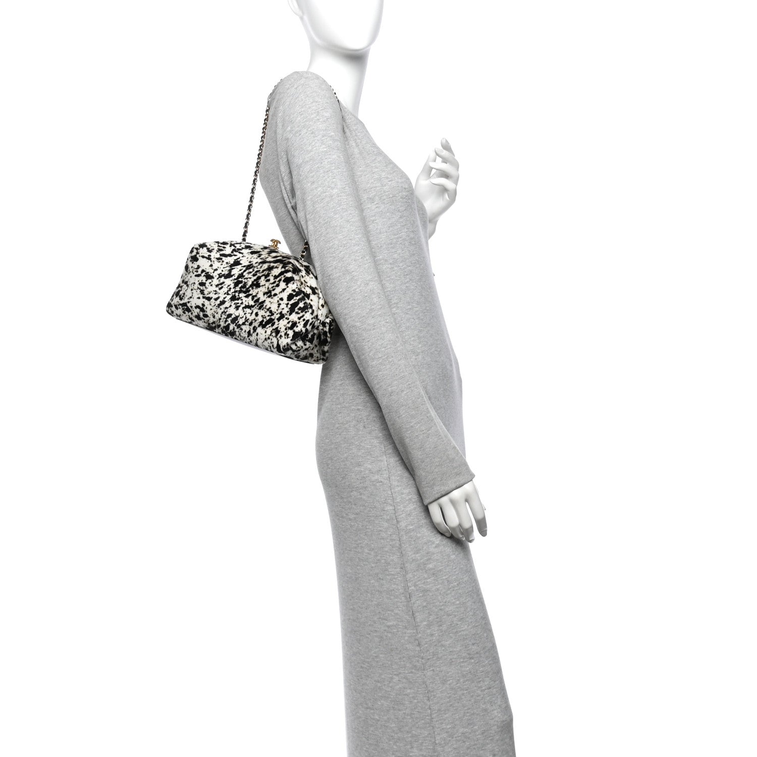 Lambskin Pony Hair Printed Clutch With Chain Black White — view 2