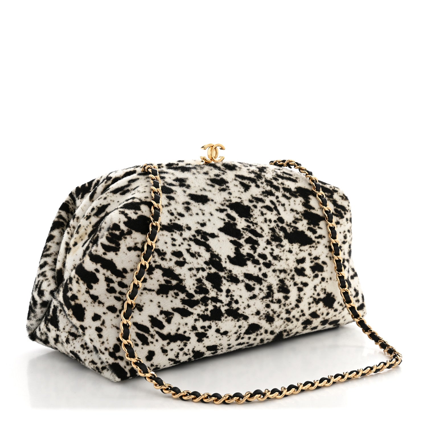 Lambskin Pony Hair Printed Clutch With Chain Black White — view 3