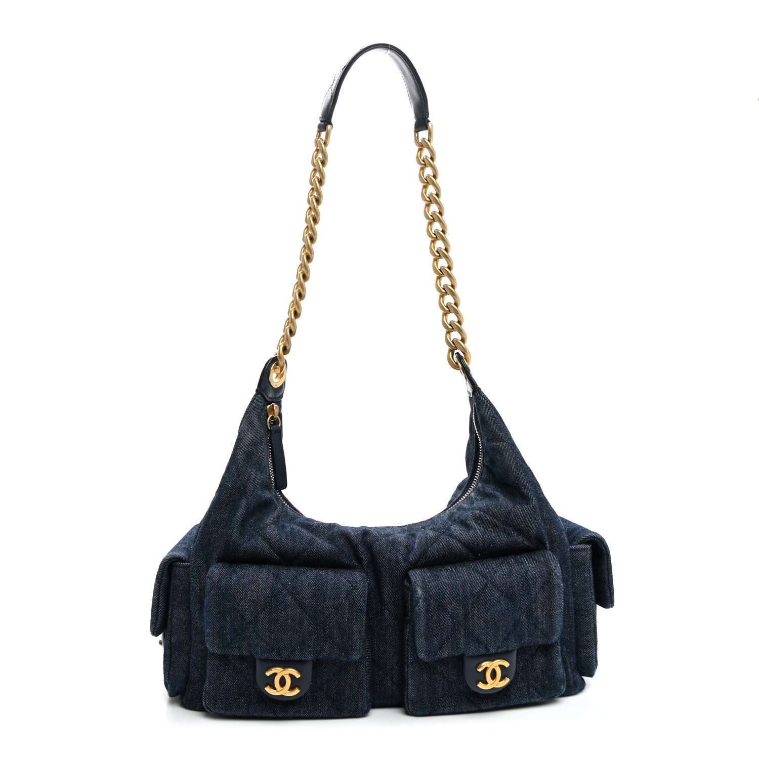 Washed Denim Quilted Maxi Trendy Pockets Hobo Dark Blue