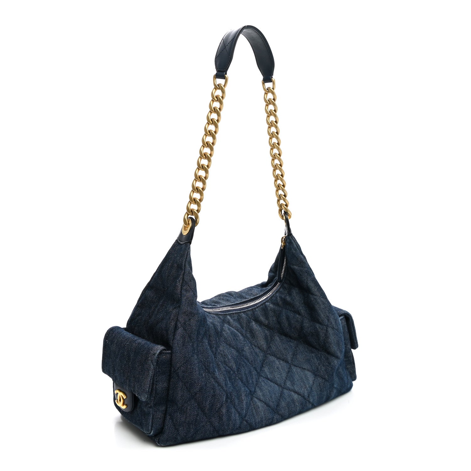 Washed Denim Quilted Maxi Trendy Pockets Hobo Dark Blue — view 2