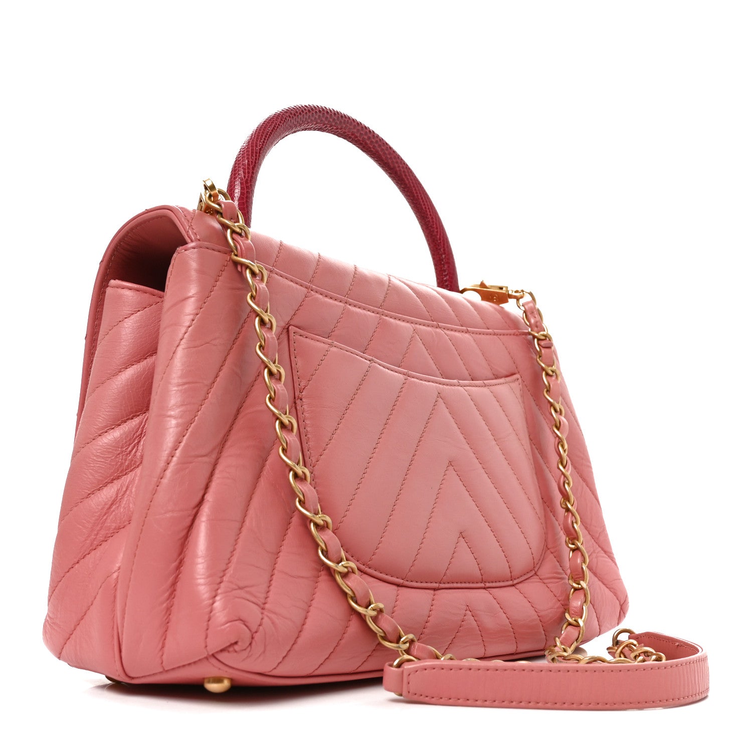 Calfskin Lizard Chevron Quilted Small Coco Handle Flap Pink — view 2