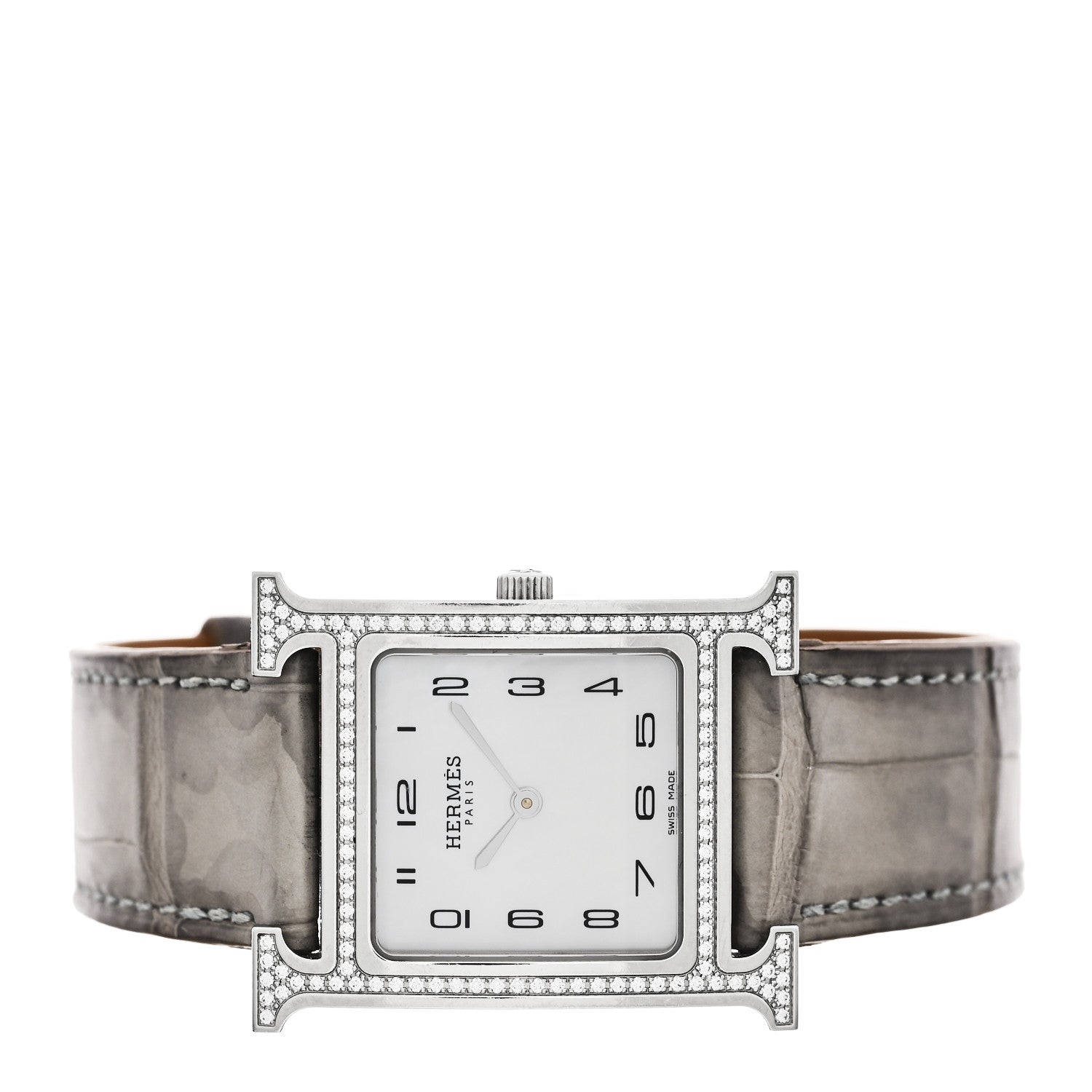 Stainless Steel Alligator Diamond Bezel Mother of Pearl 26mm Heure H Hour Quartz Watch Gris Perle — view 2