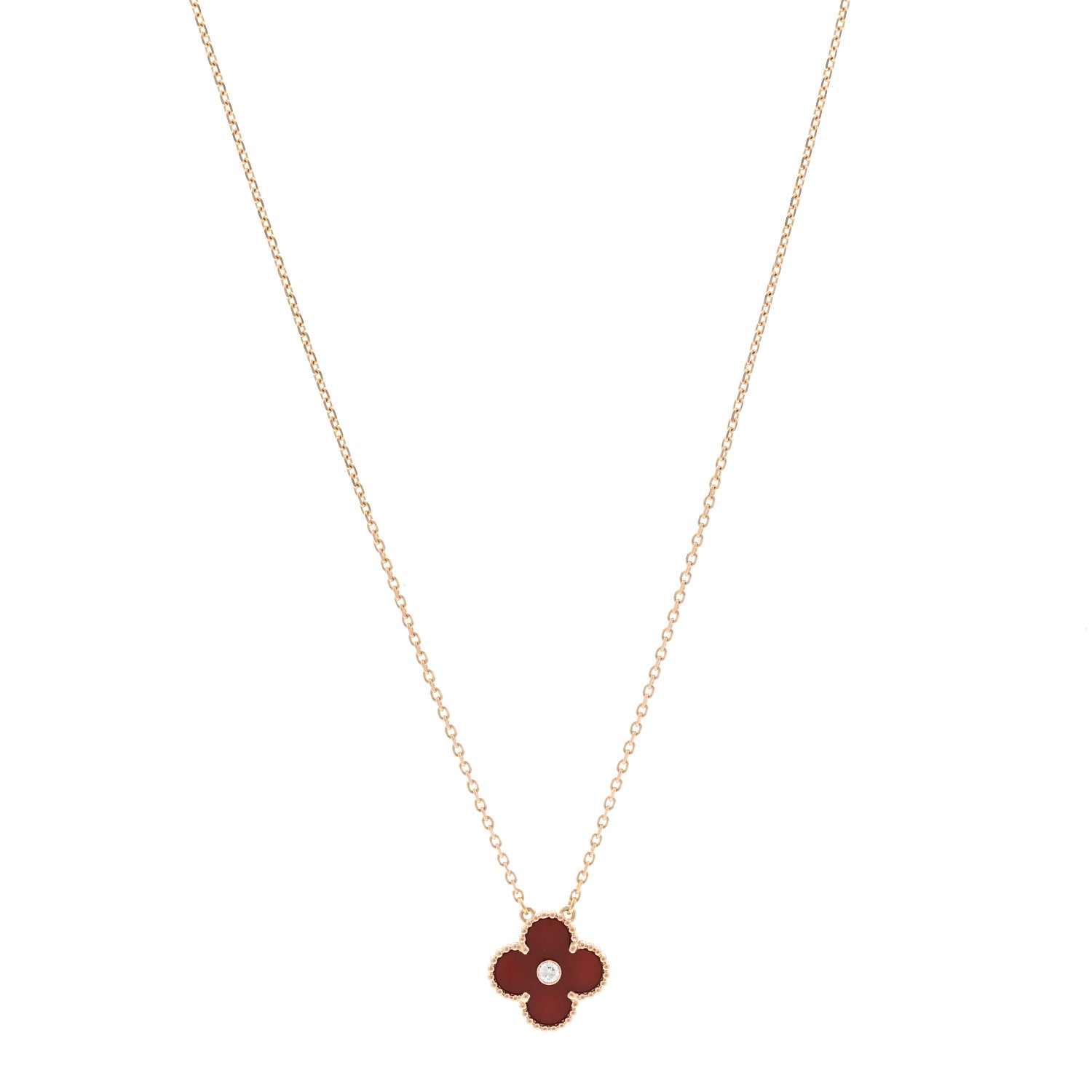 18K Rose Gold Diamond Carnelian Vintage Alhambra Pendant Necklace