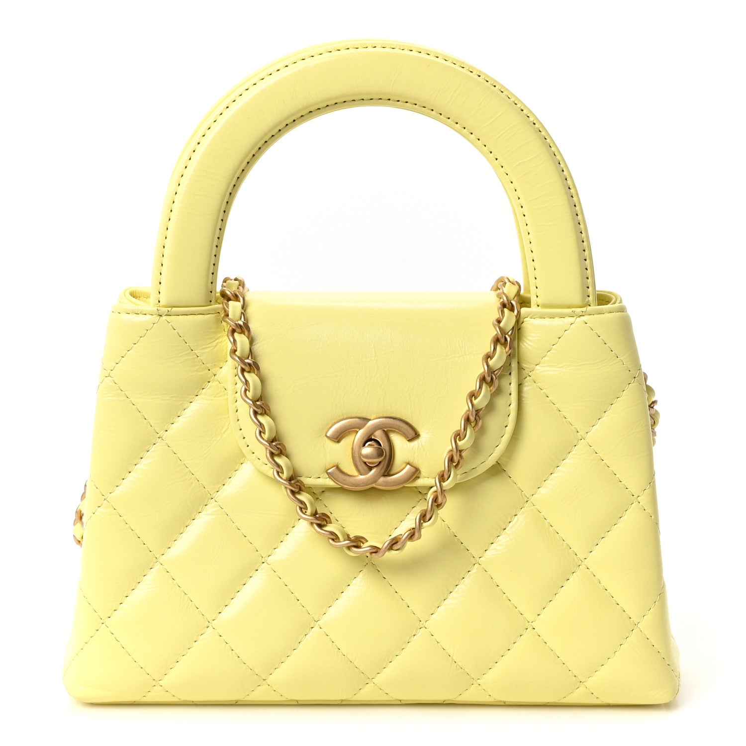 Shiny Aged Calfskin Quilted Nano Kelly Shopper Light Yellow