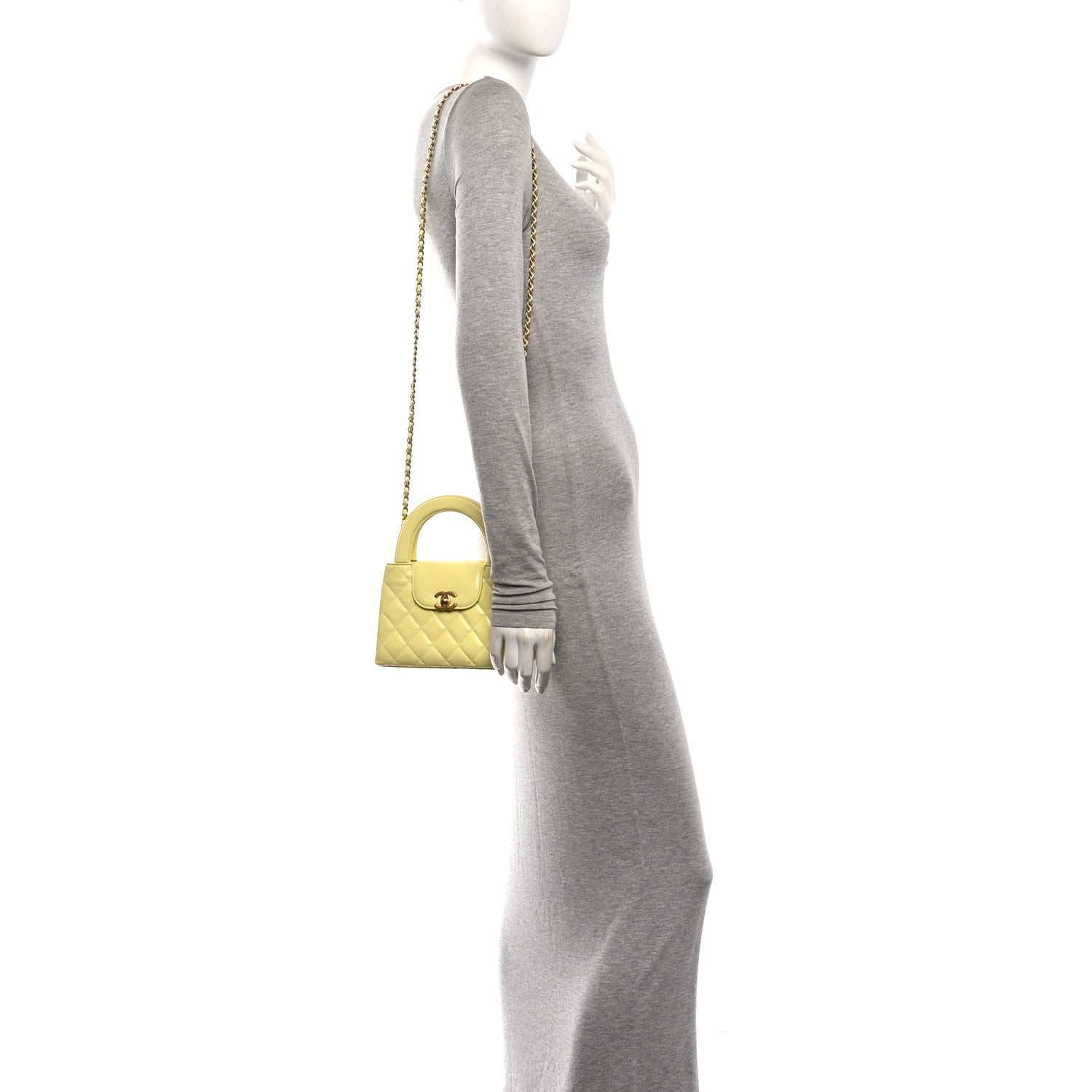 Shiny Aged Calfskin Quilted Nano Kelly Shopper Light Yellow — view 2
