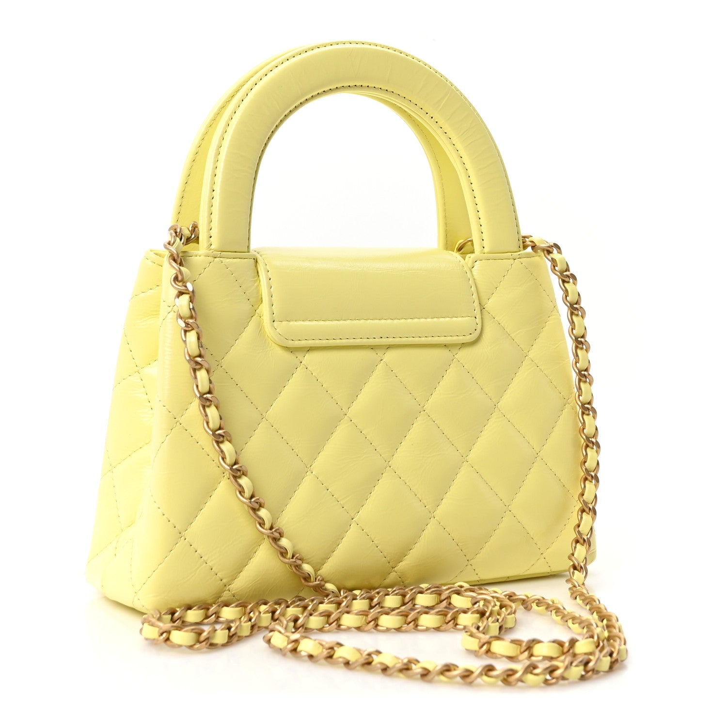 Shiny Aged Calfskin Quilted Nano Kelly Shopper Light Yellow — view 3