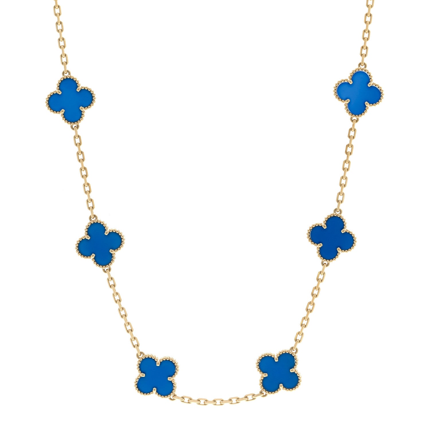 18K Yellow Gold Blue Agate 10 Motifs Vintage Alhambra Necklace