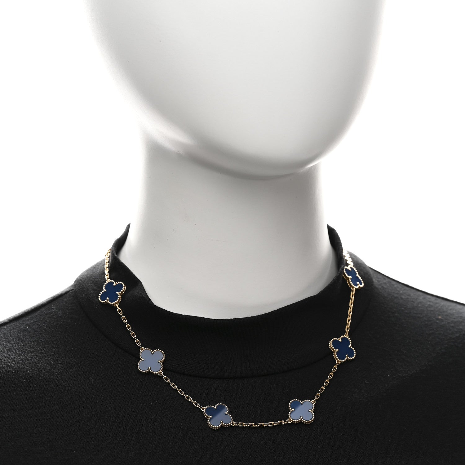 18K Yellow Gold Blue Agate 10 Motifs Vintage Alhambra Necklace — view 2