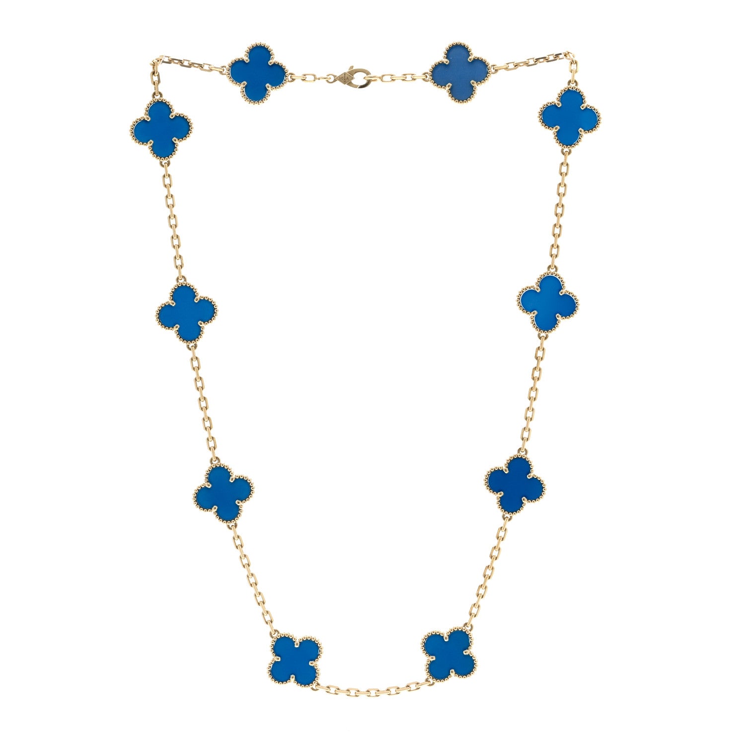 18K Yellow Gold Blue Agate 10 Motifs Vintage Alhambra Necklace — view 3