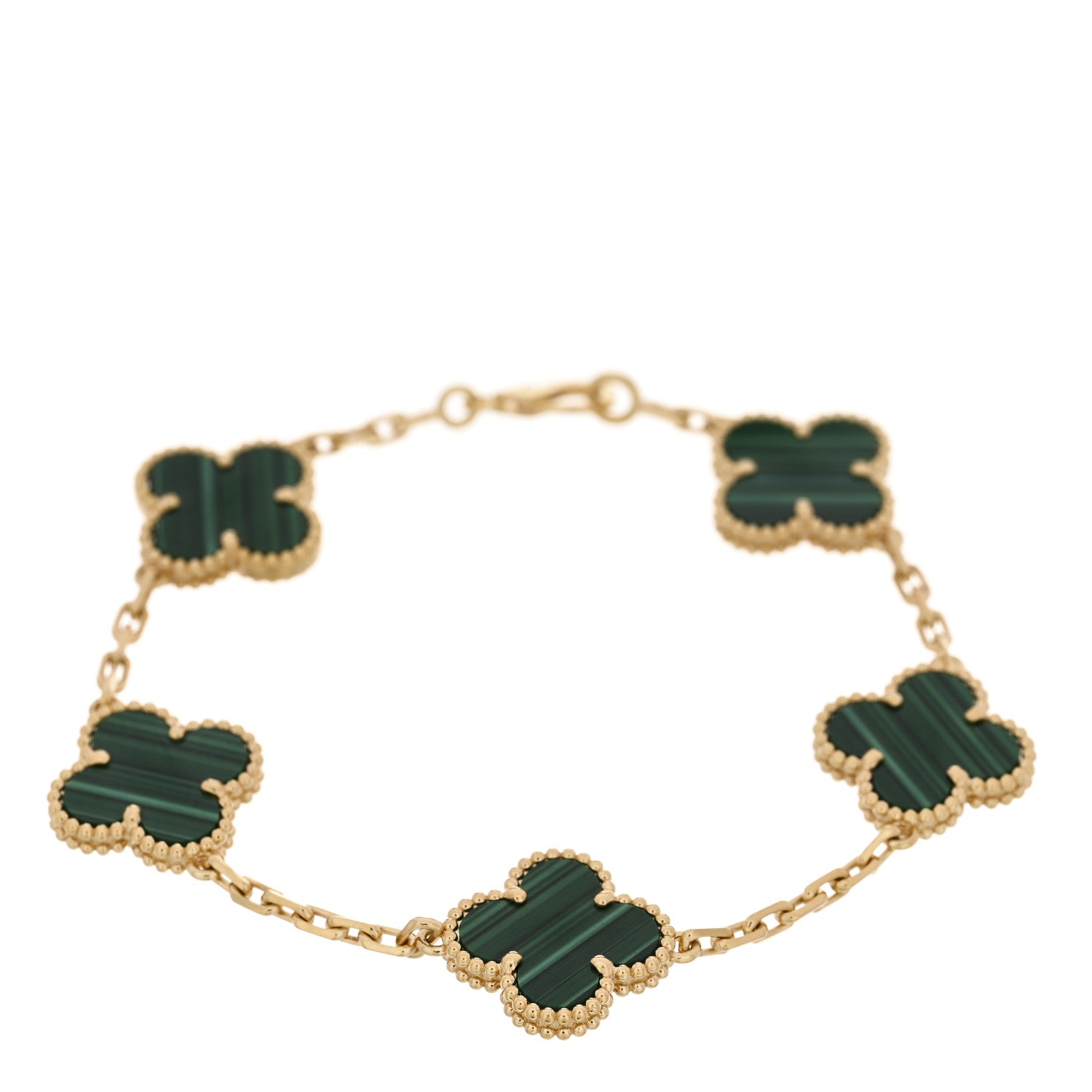 18K Yellow Gold Malachite 5 Motifs Vintage Alhambra Bracelet