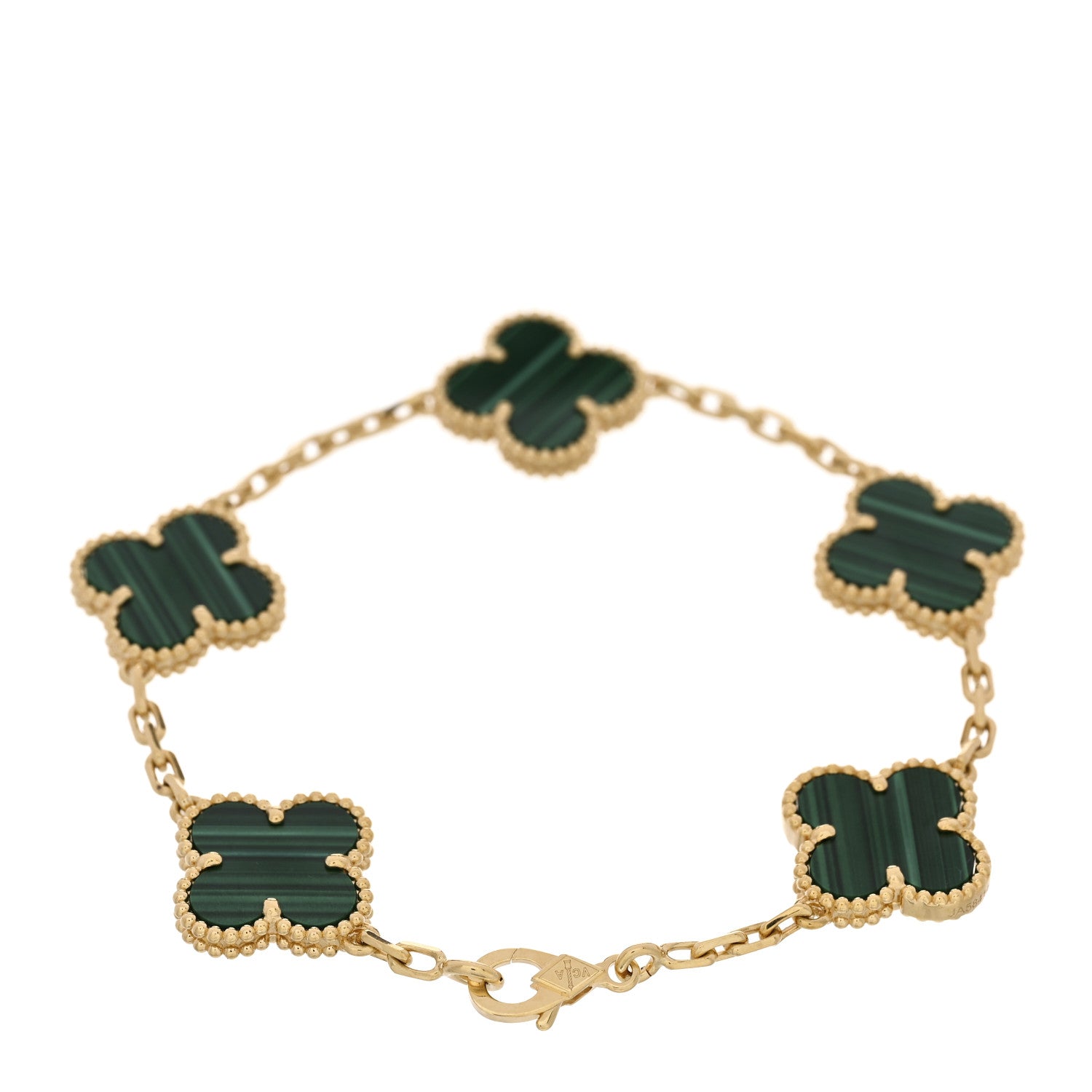 18K Yellow Gold Malachite 5 Motifs Vintage Alhambra Bracelet — view 2