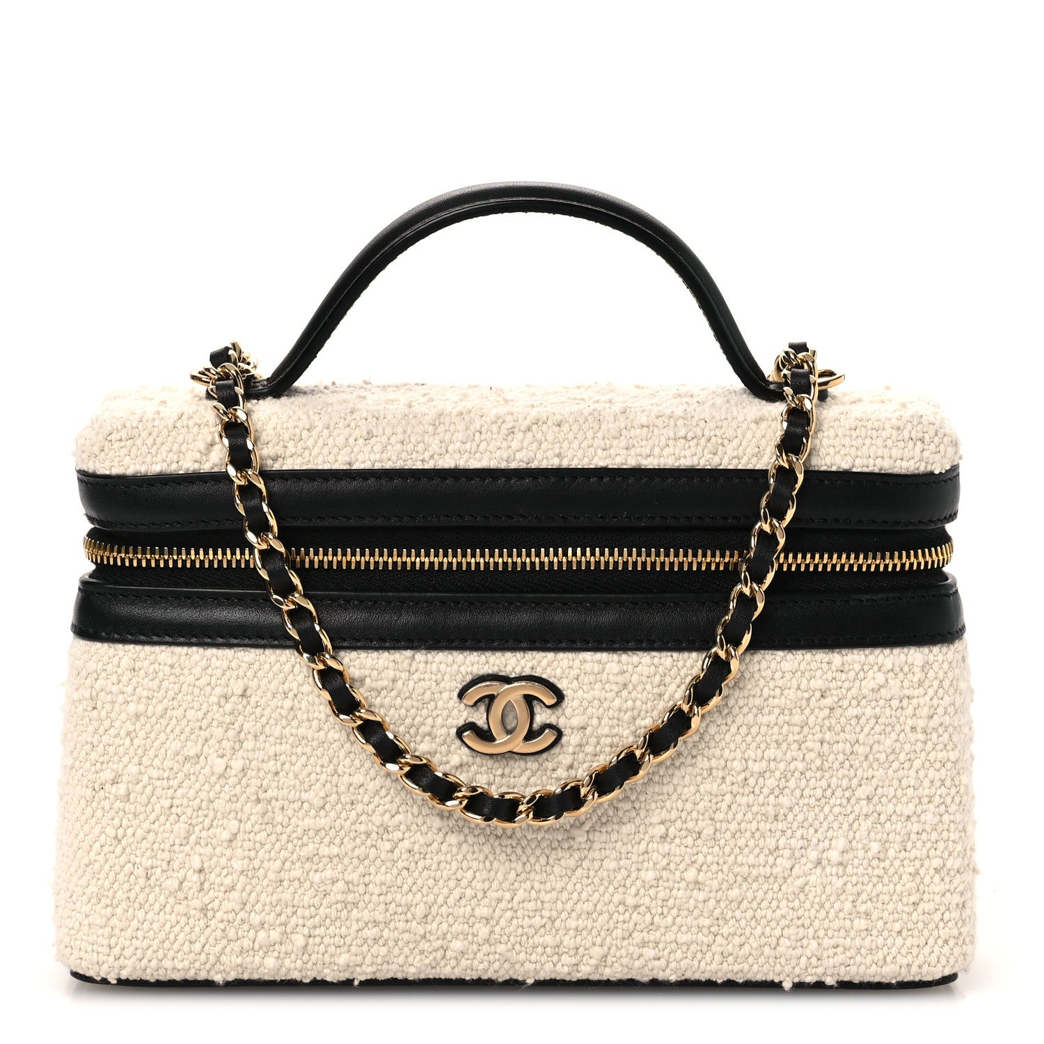 Boucle Calfskin Top Handle Slim Vanity Case With Chain Ecru Black