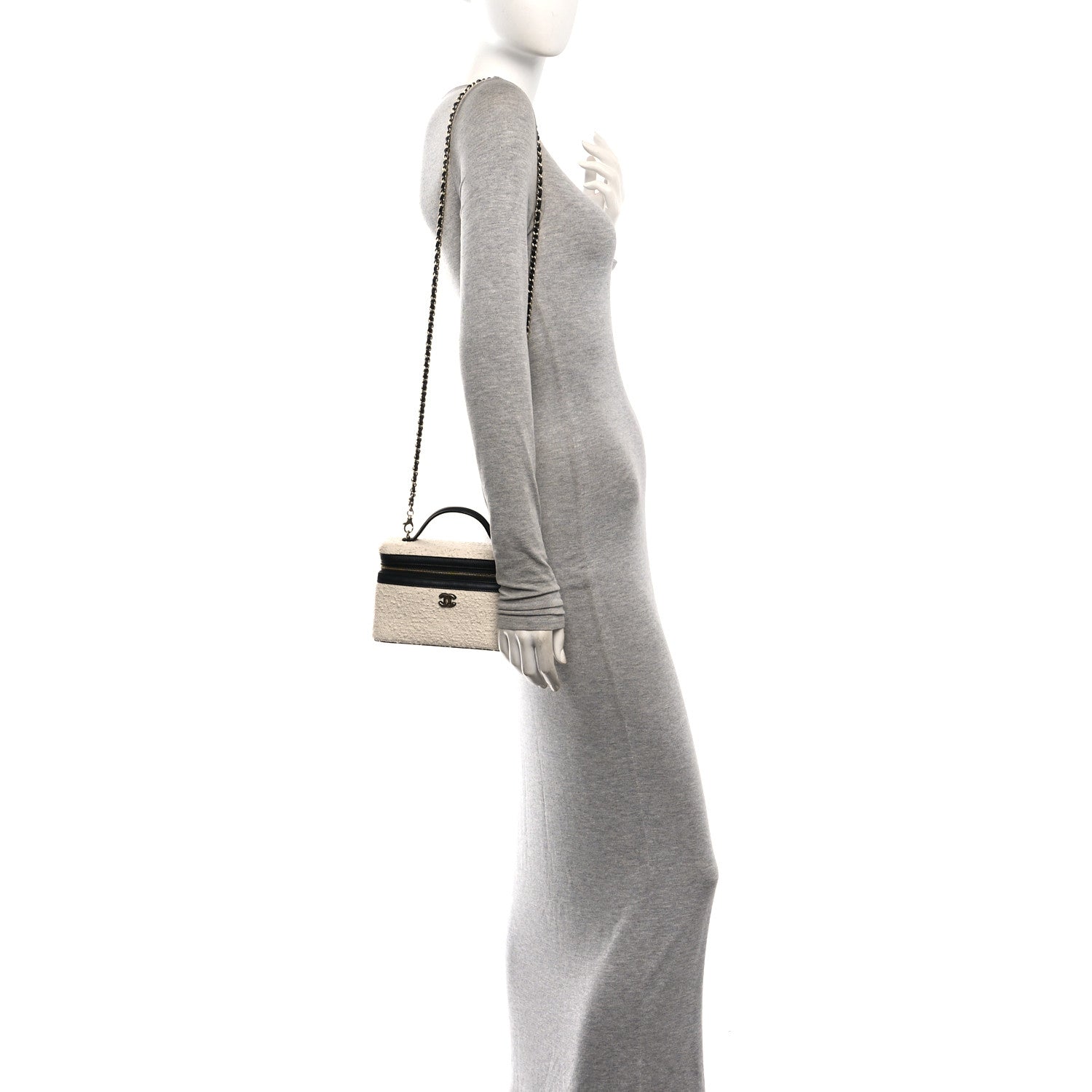 Boucle Calfskin Top Handle Slim Vanity Case With Chain Ecru Black — view 2