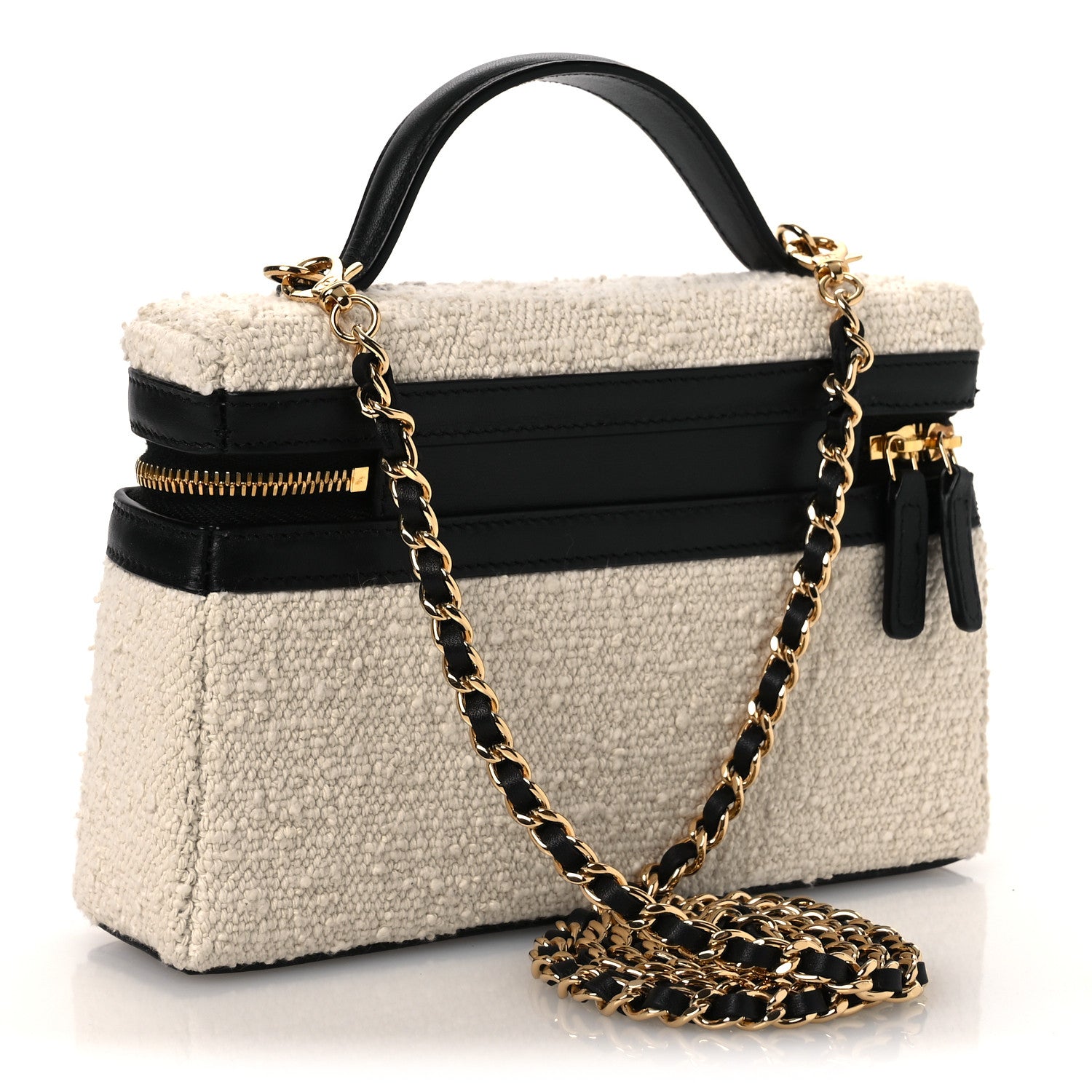 Boucle Calfskin Top Handle Slim Vanity Case With Chain Ecru Black — view 3