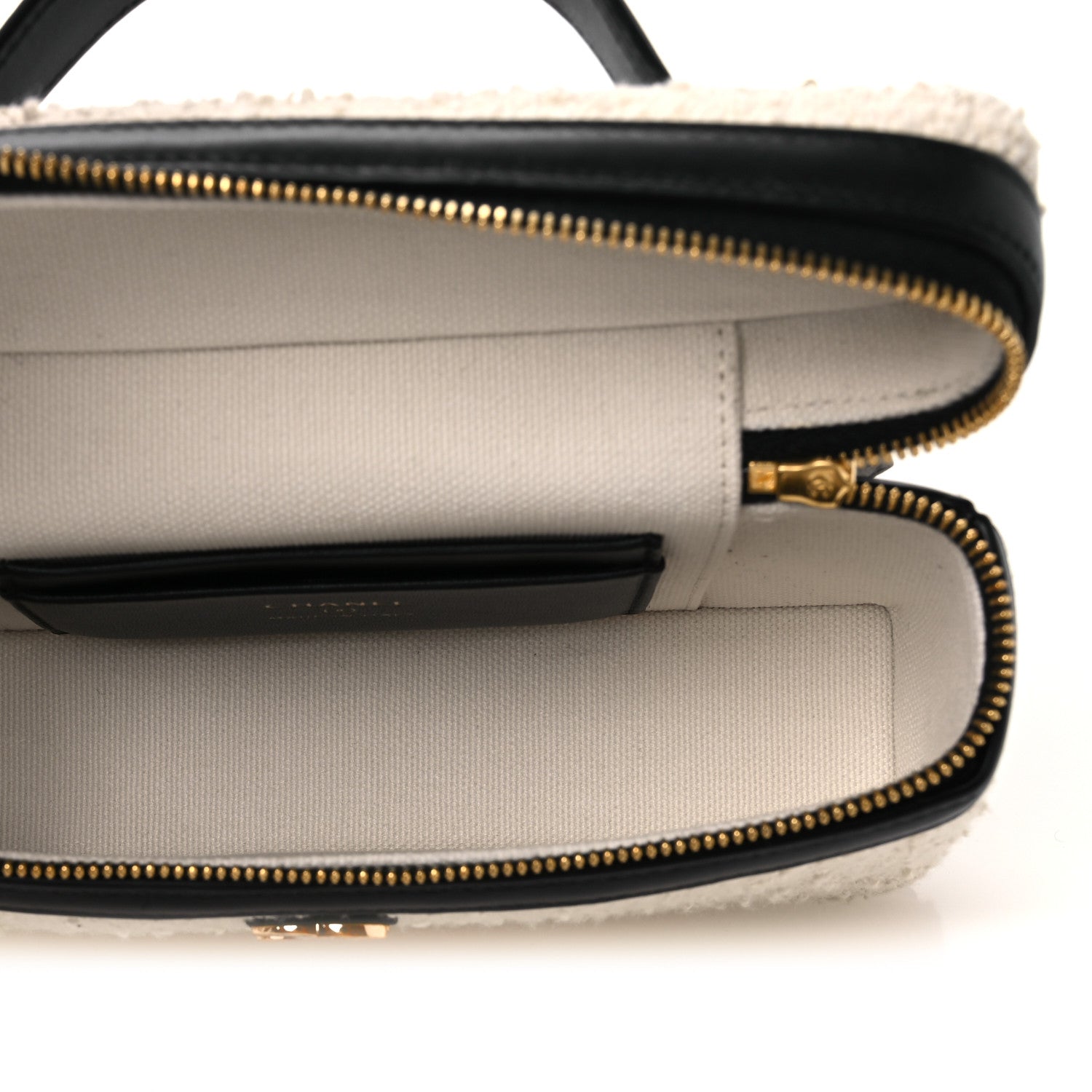 Boucle Calfskin Top Handle Slim Vanity Case With Chain Ecru Black — view 5