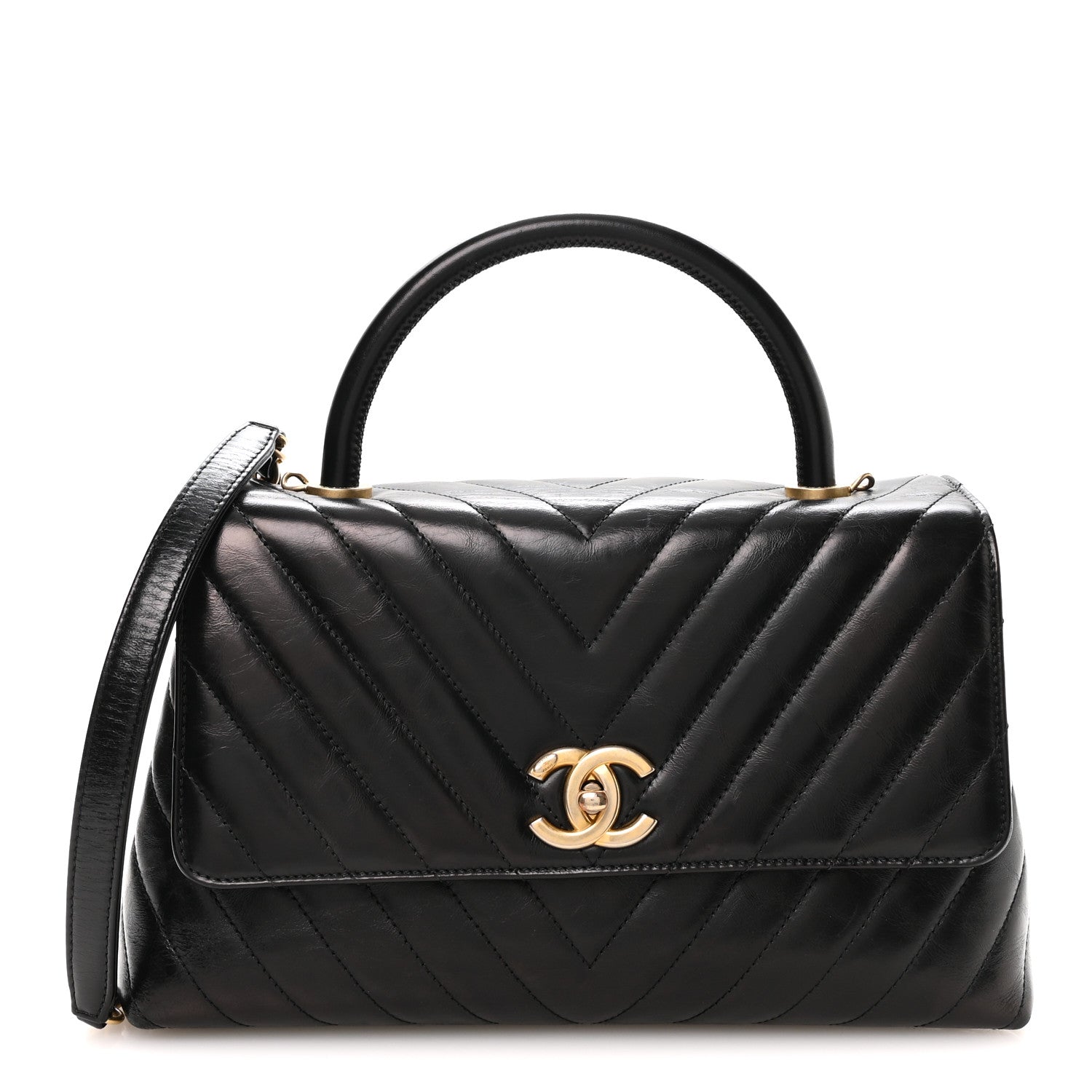 Aged Calfskin Chevron Quilted Small Coco Handle Flap Black