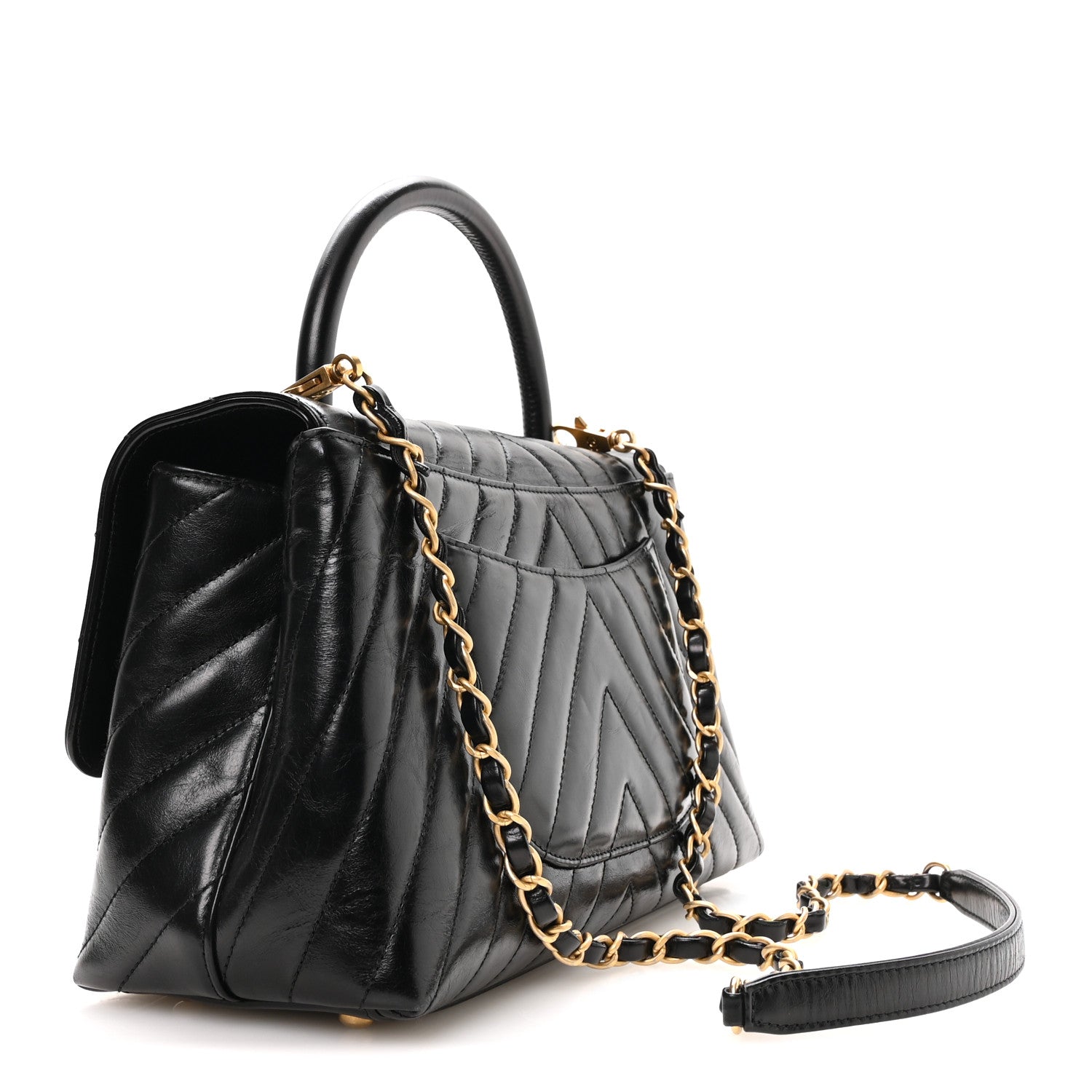 Aged Calfskin Chevron Quilted Small Coco Handle Flap Black — view 3