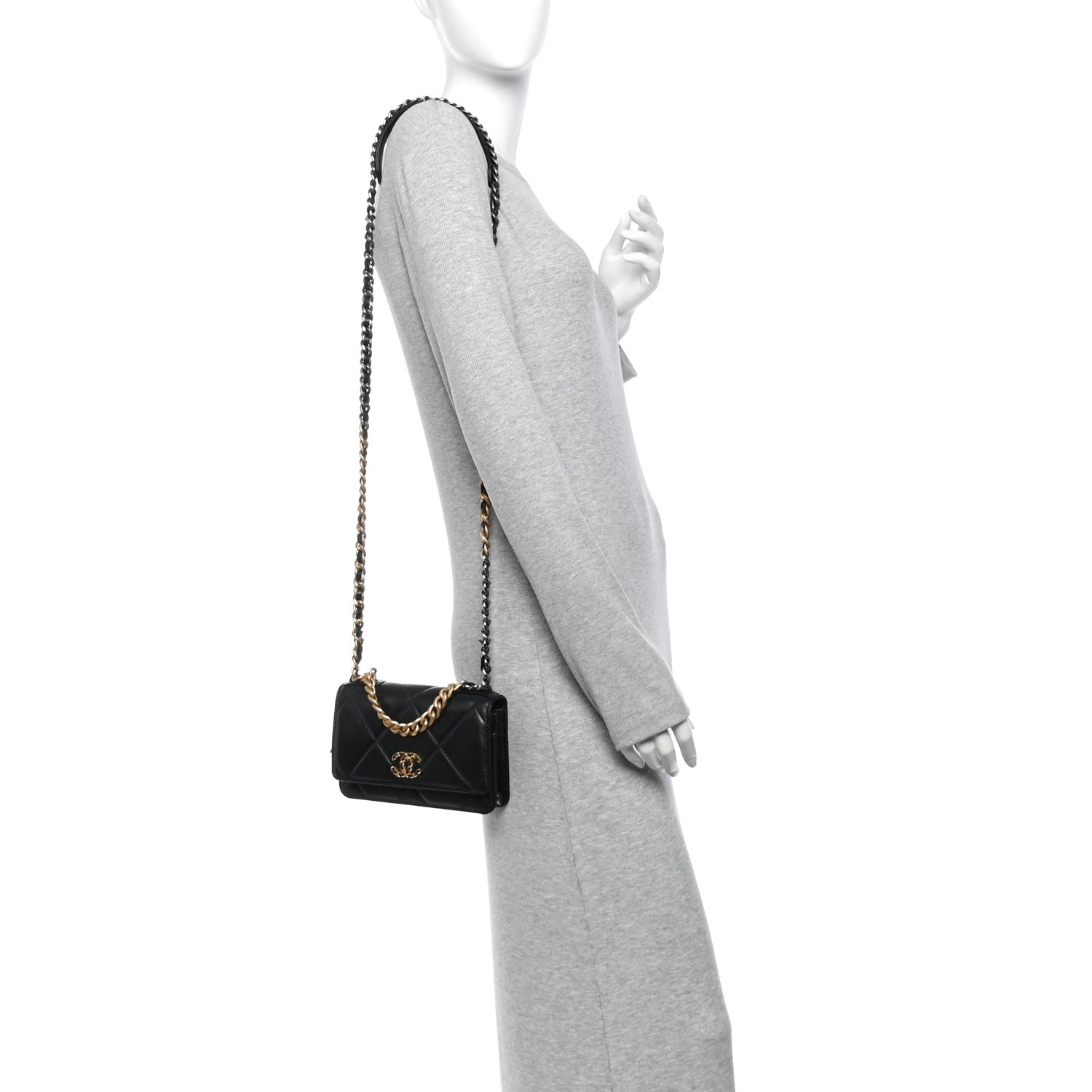Lambskin Quilted Chanel 19 Wallet On Chain WOC Black — view 2