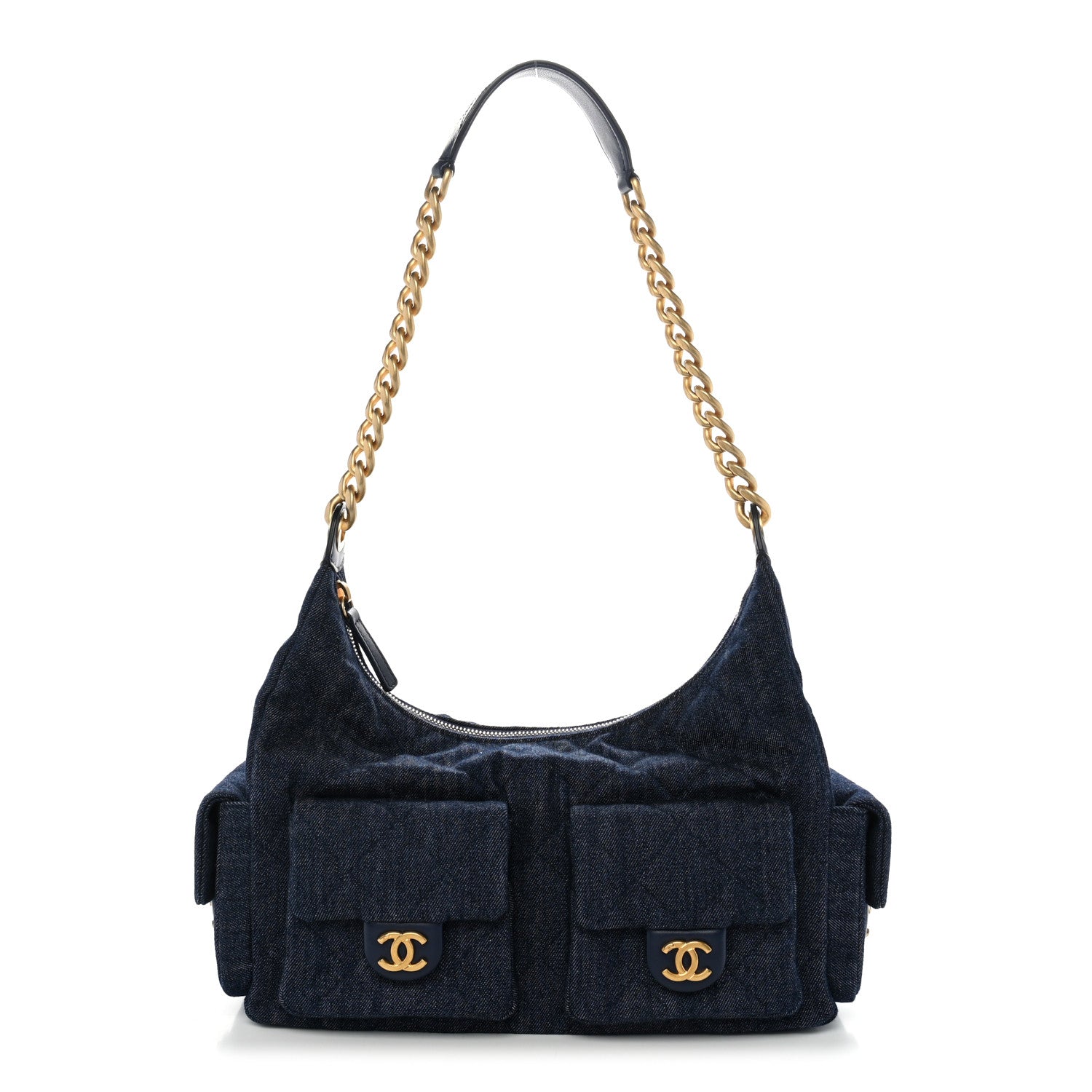 Washed Denim Quilted Maxi Trendy Pockets Hobo Dark Blue