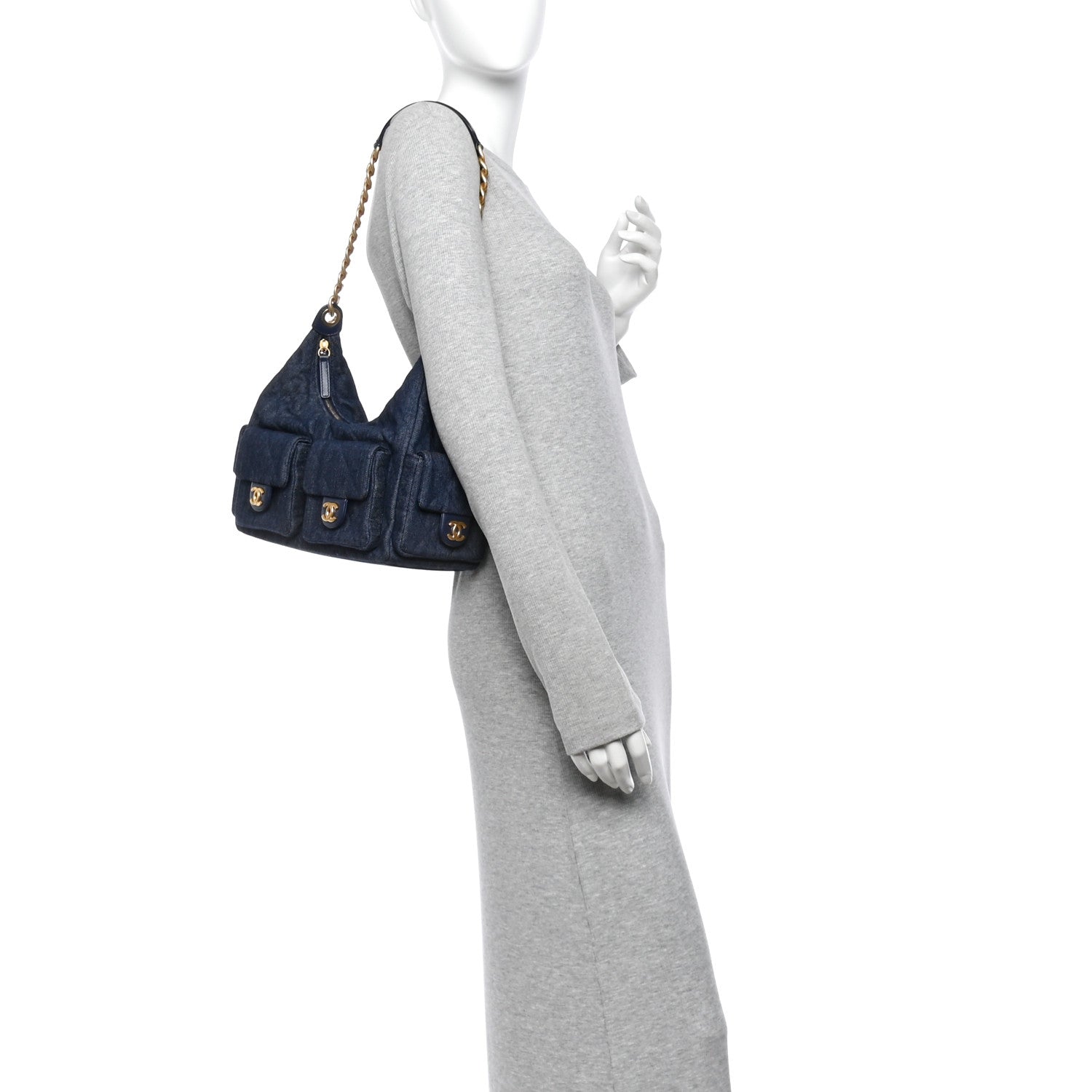 Washed Denim Quilted Maxi Trendy Pockets Hobo Dark Blue — view 2