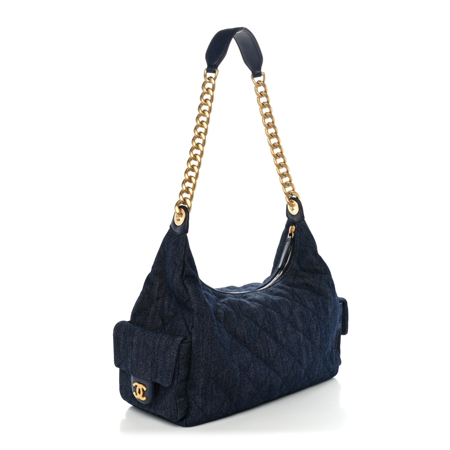 Washed Denim Quilted Maxi Trendy Pockets Hobo Dark Blue — view 3