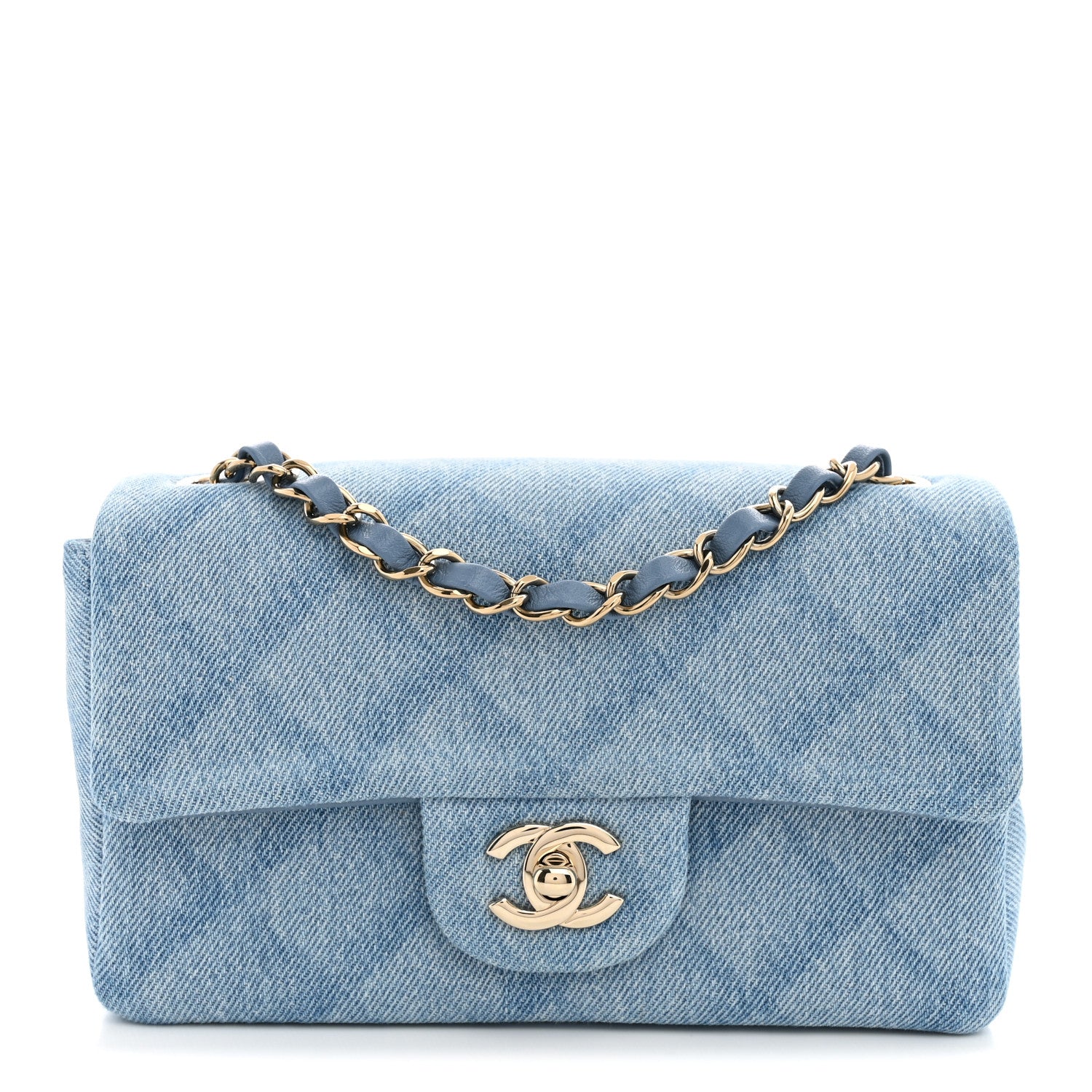 Printed Denim Quilted Mini Rectangular Flap Light Blue