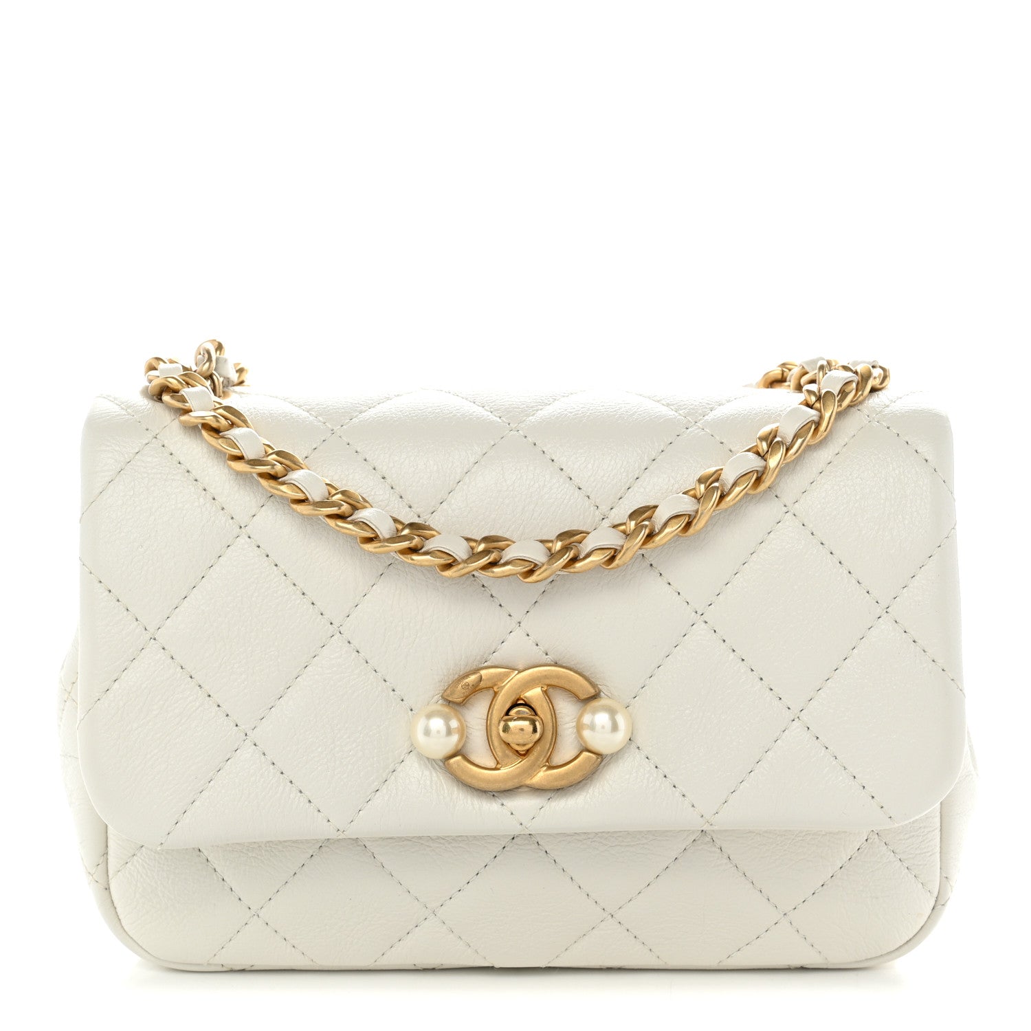 Glazed Calfskin Quilted Mini Pearl Side Flap White