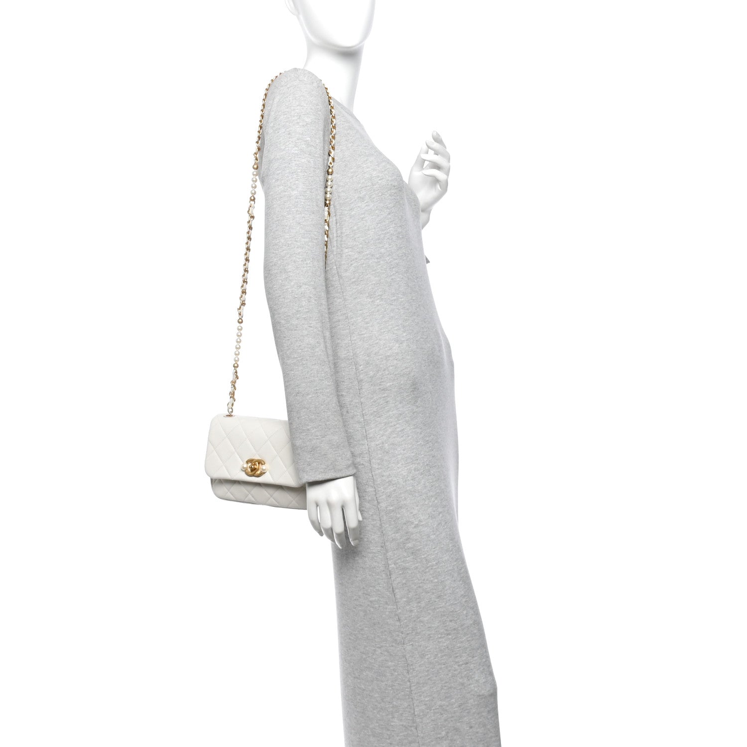 Glazed Calfskin Quilted Mini Pearl Side Flap White — view 2