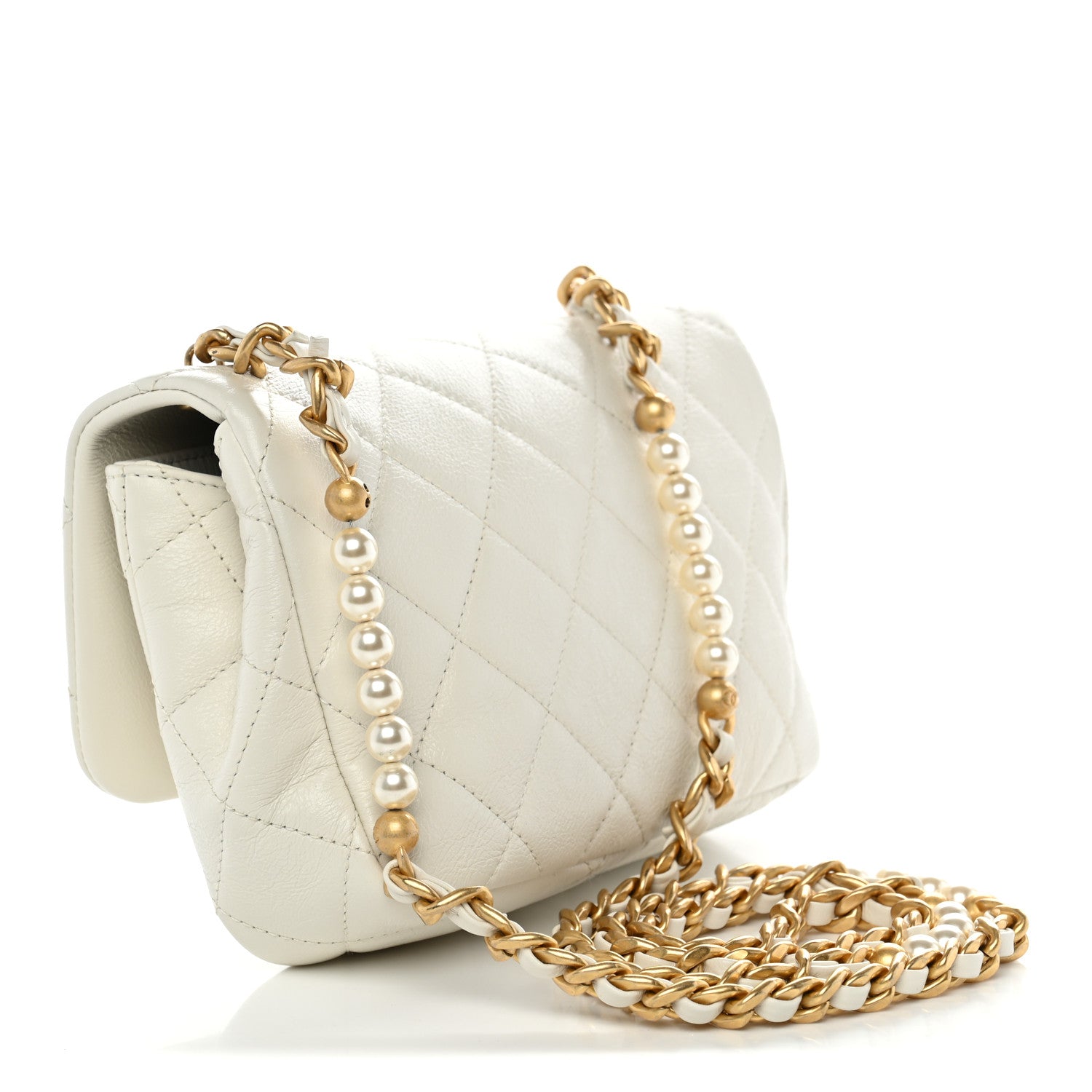 Glazed Calfskin Quilted Mini Pearl Side Flap White — view 3