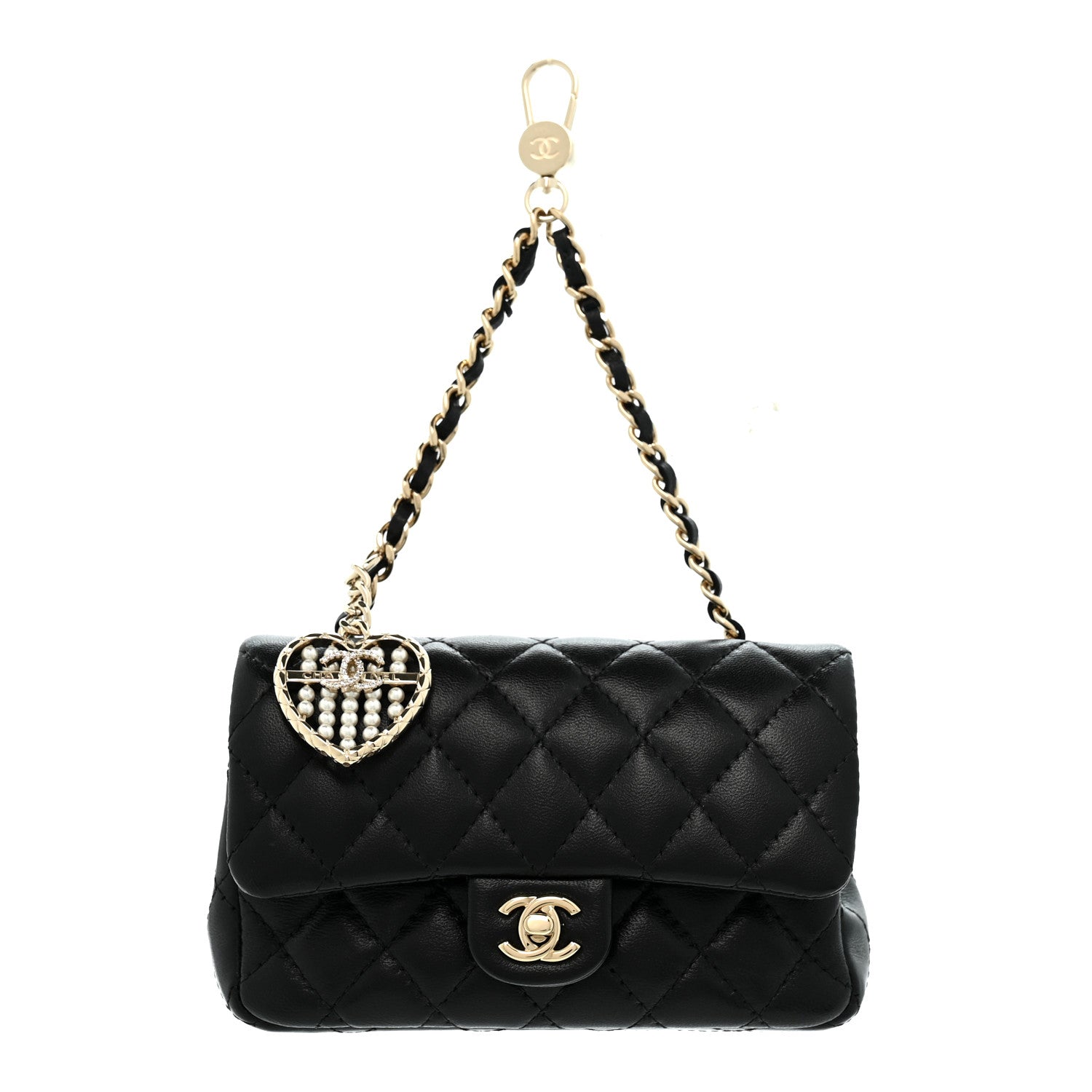 Lambskin Quilted Mini Flap Bag Charm With Hook Black