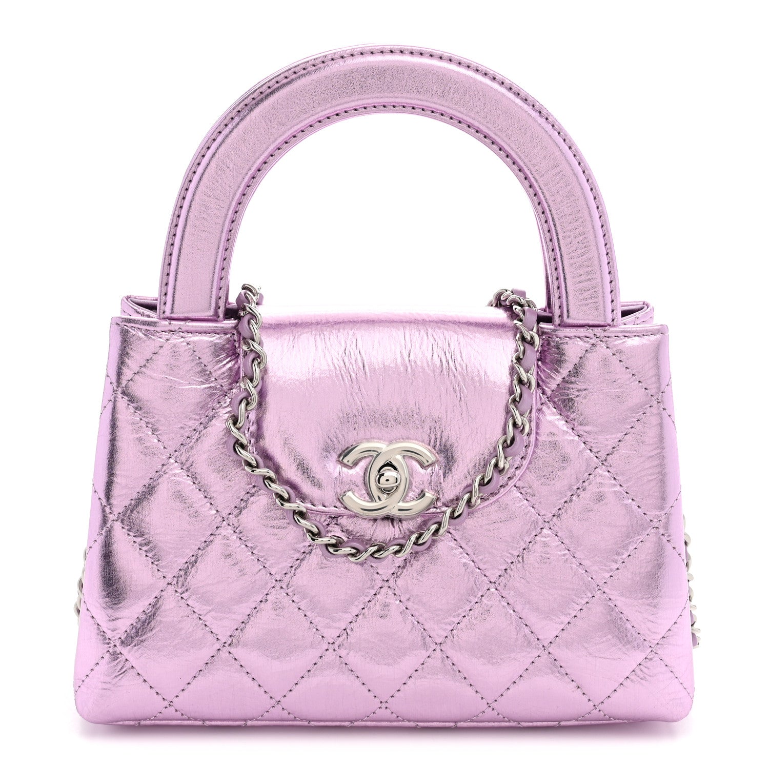 Metallic Aged Calfskin Quilted Nano Kelly Shopper Pink