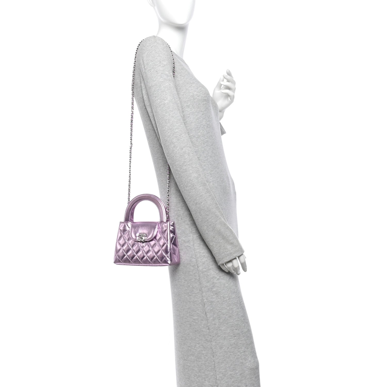 Metallic Aged Calfskin Quilted Nano Kelly Shopper Pink — view 2