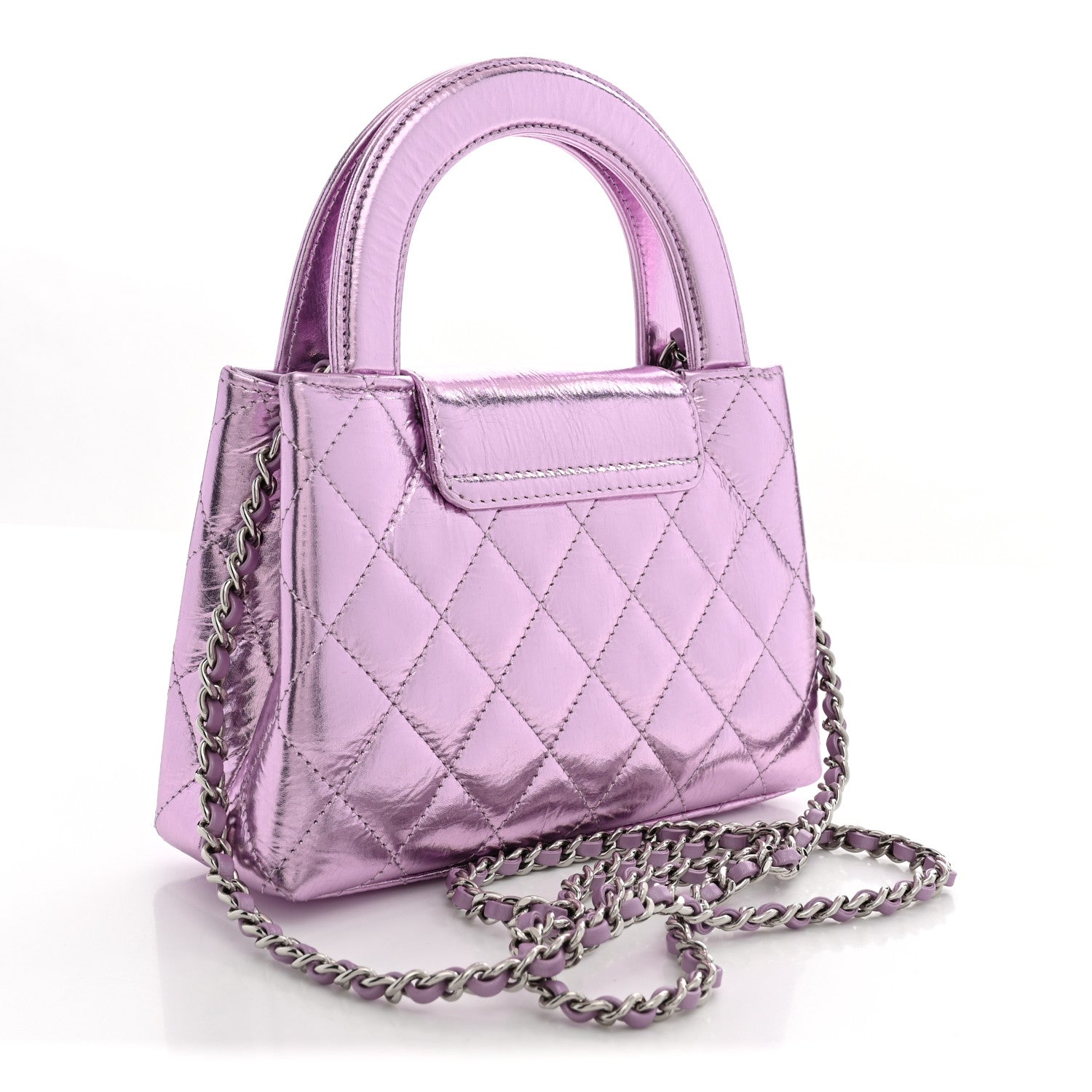 Metallic Aged Calfskin Quilted Nano Kelly Shopper Pink — view 3