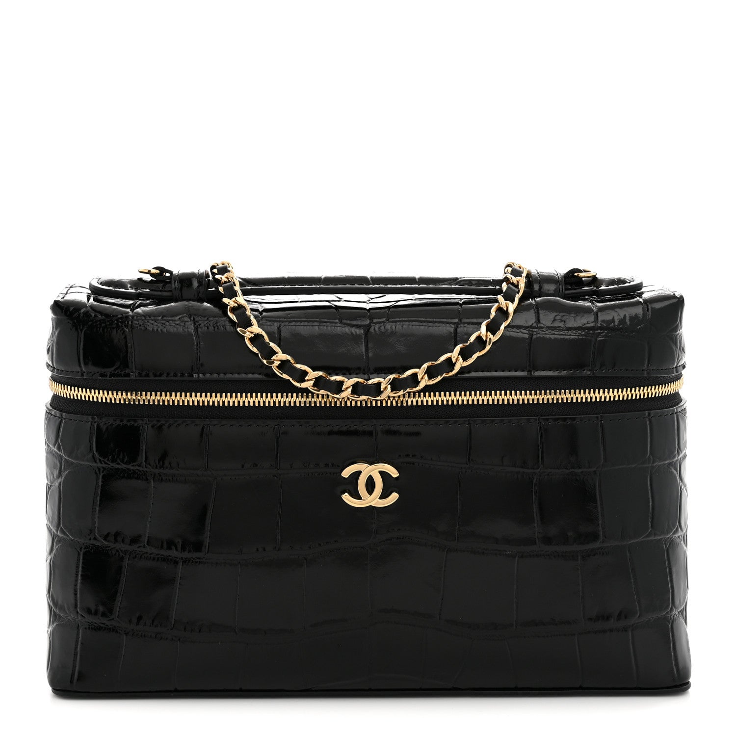 Calfskin Crocodile Embossed Slim Vanity Case With Chain  Black