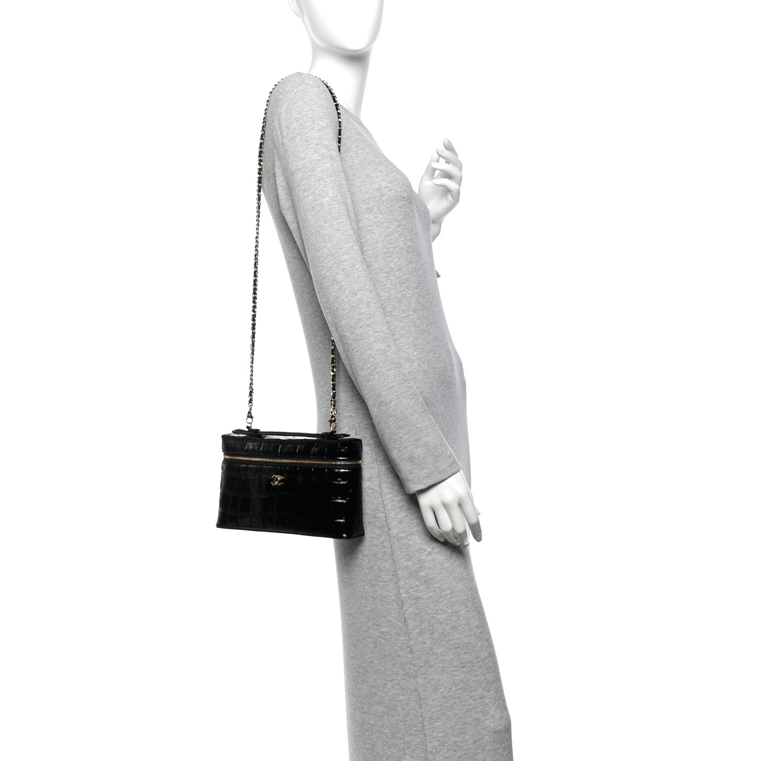 Calfskin Crocodile Embossed Slim Vanity Case With Chain Black — view 2