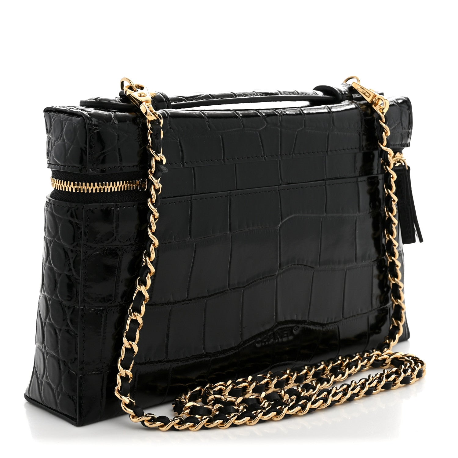 Calfskin Crocodile Embossed Slim Vanity Case With Chain Black — view 3
