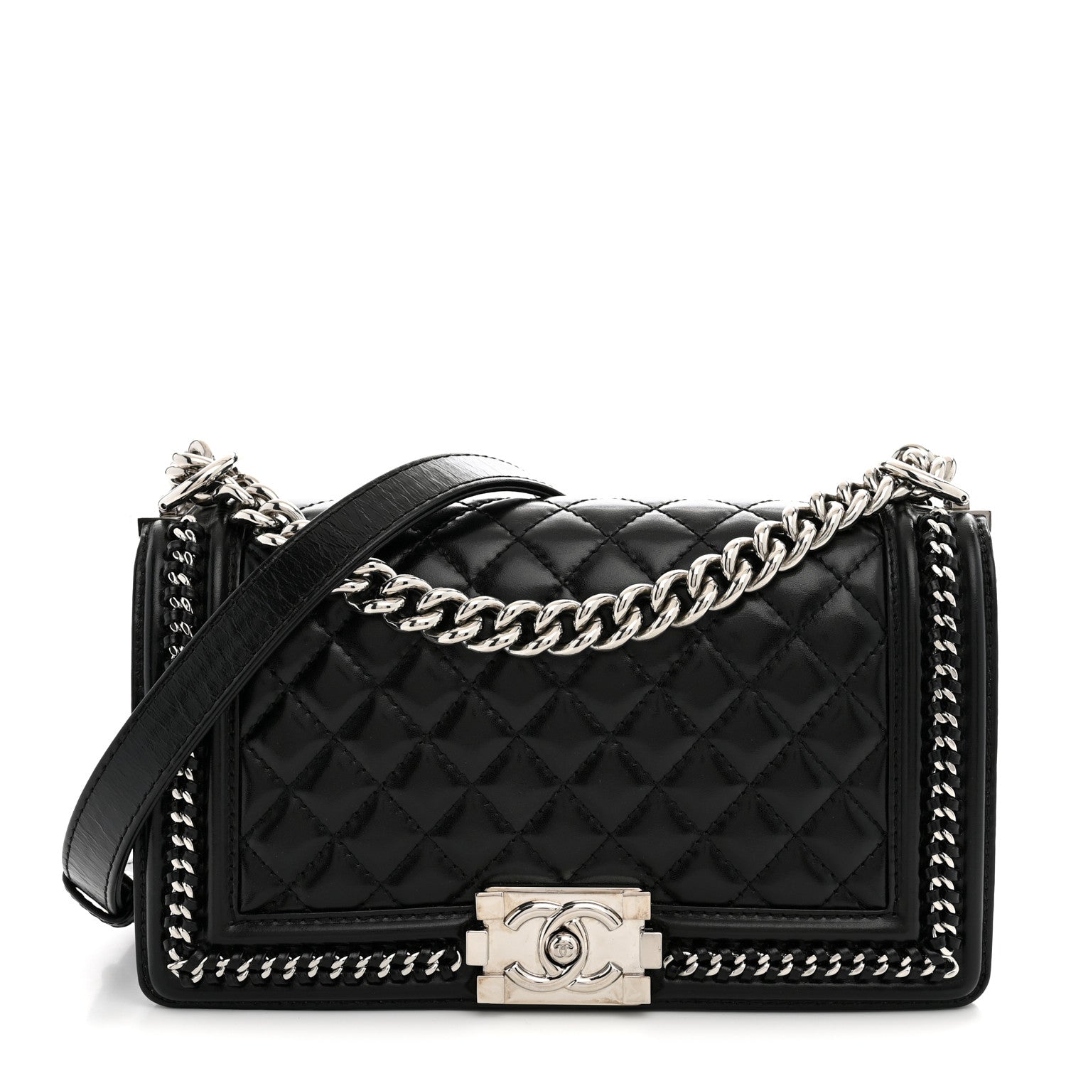 Glazed Calfskin Quilted Medium Chain Around Boy Flap Black