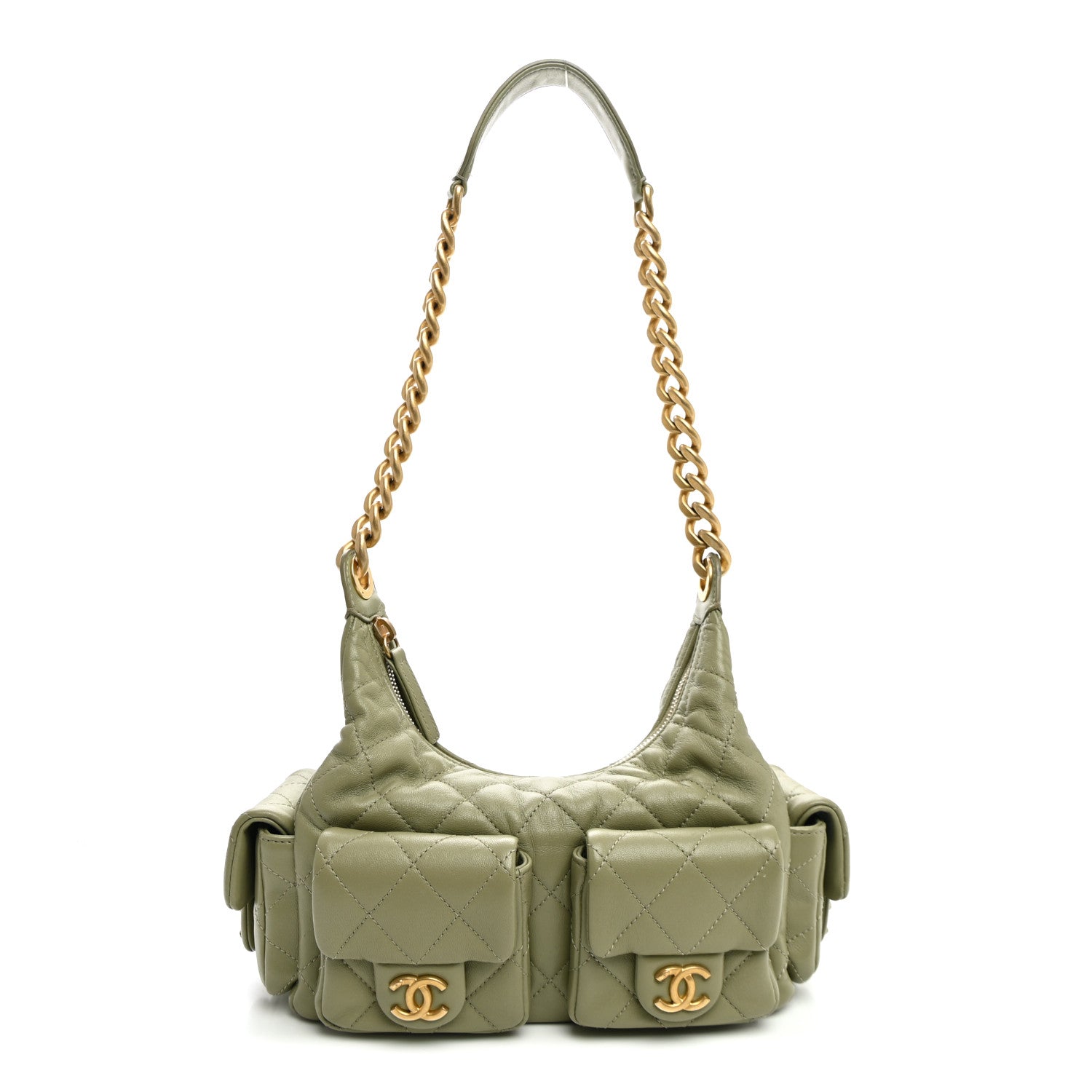 Shiny Lambskin Quilted Trendy Pockets Hobo Green